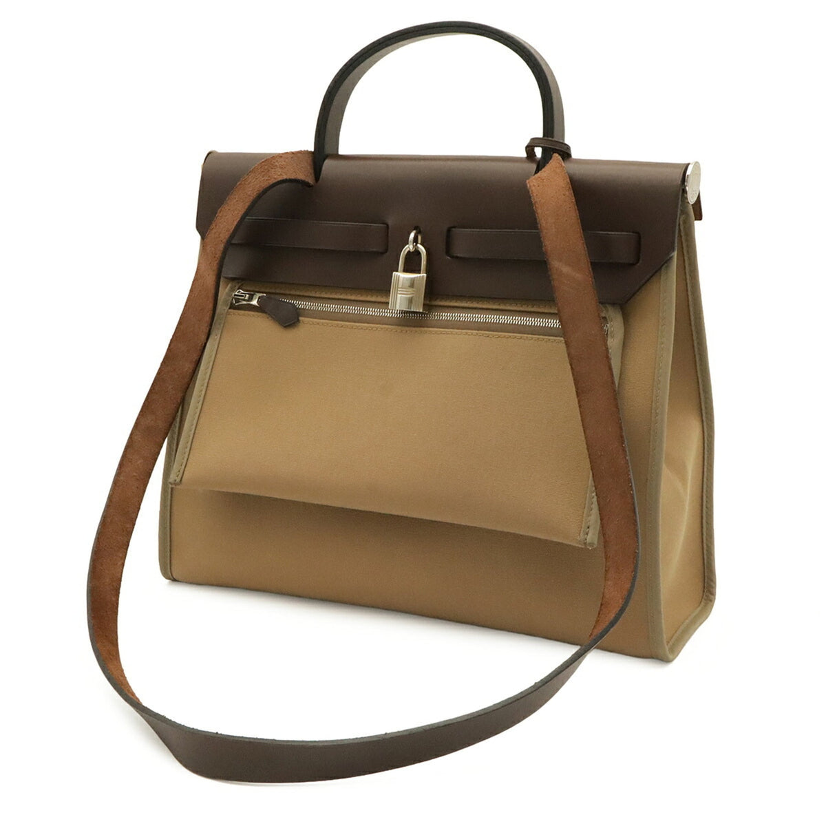 Hermes Beige Dark Brown Khaki Toile Officier Handbag Pouch Shoulder Bag (Pre-Owned)