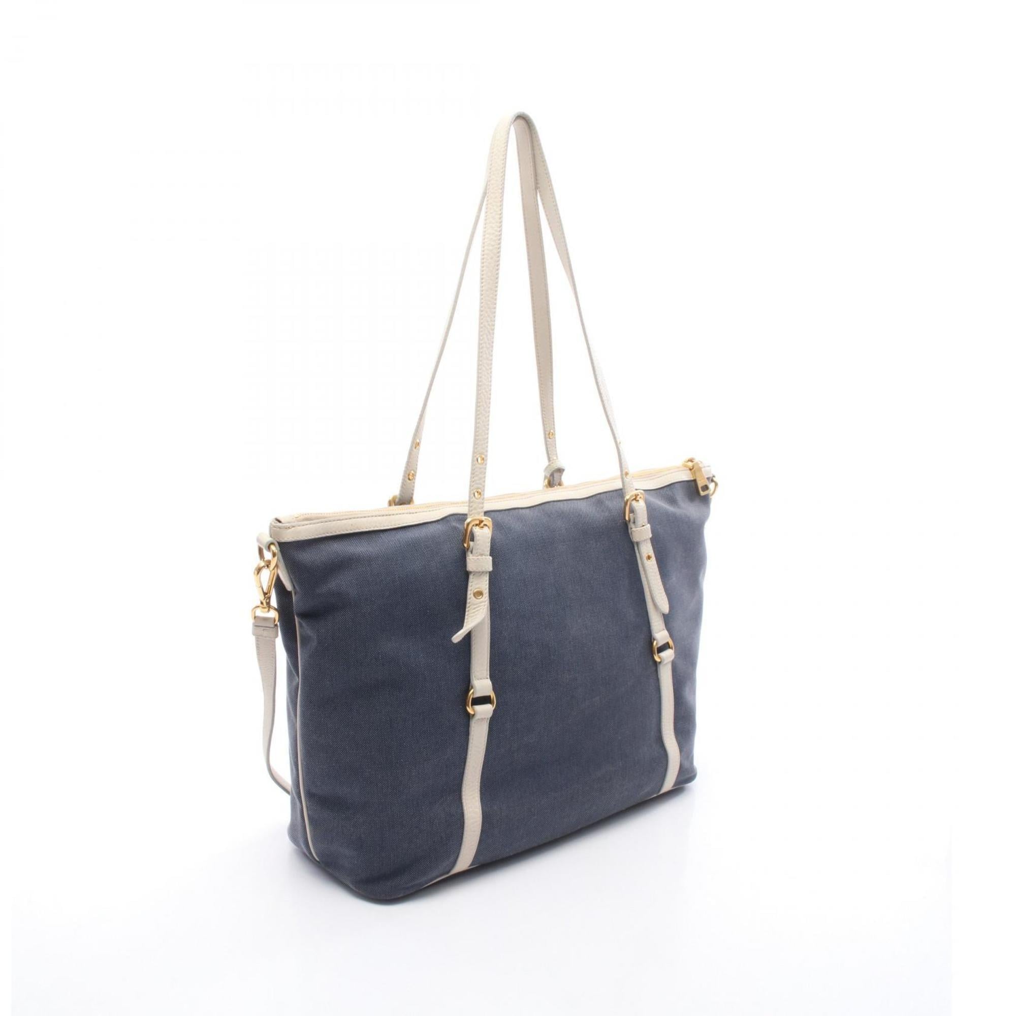 Prada Navy White Canvas Leather Tote Bag (Pre-Owned)