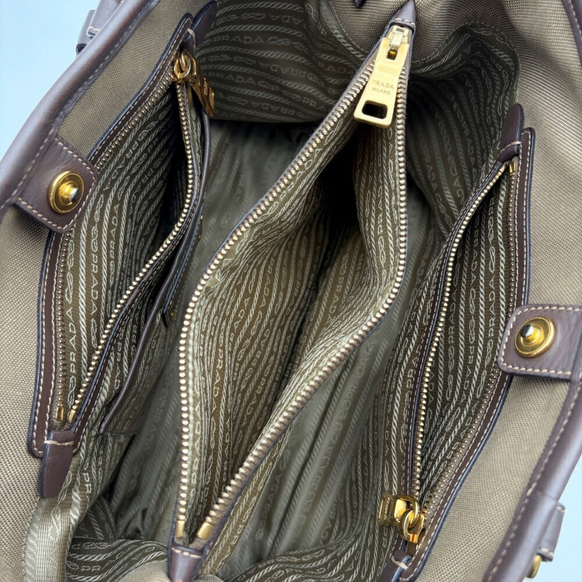 Prada Beige Dark Brown Canvas Leather Tote Bag (Pre-Owned)