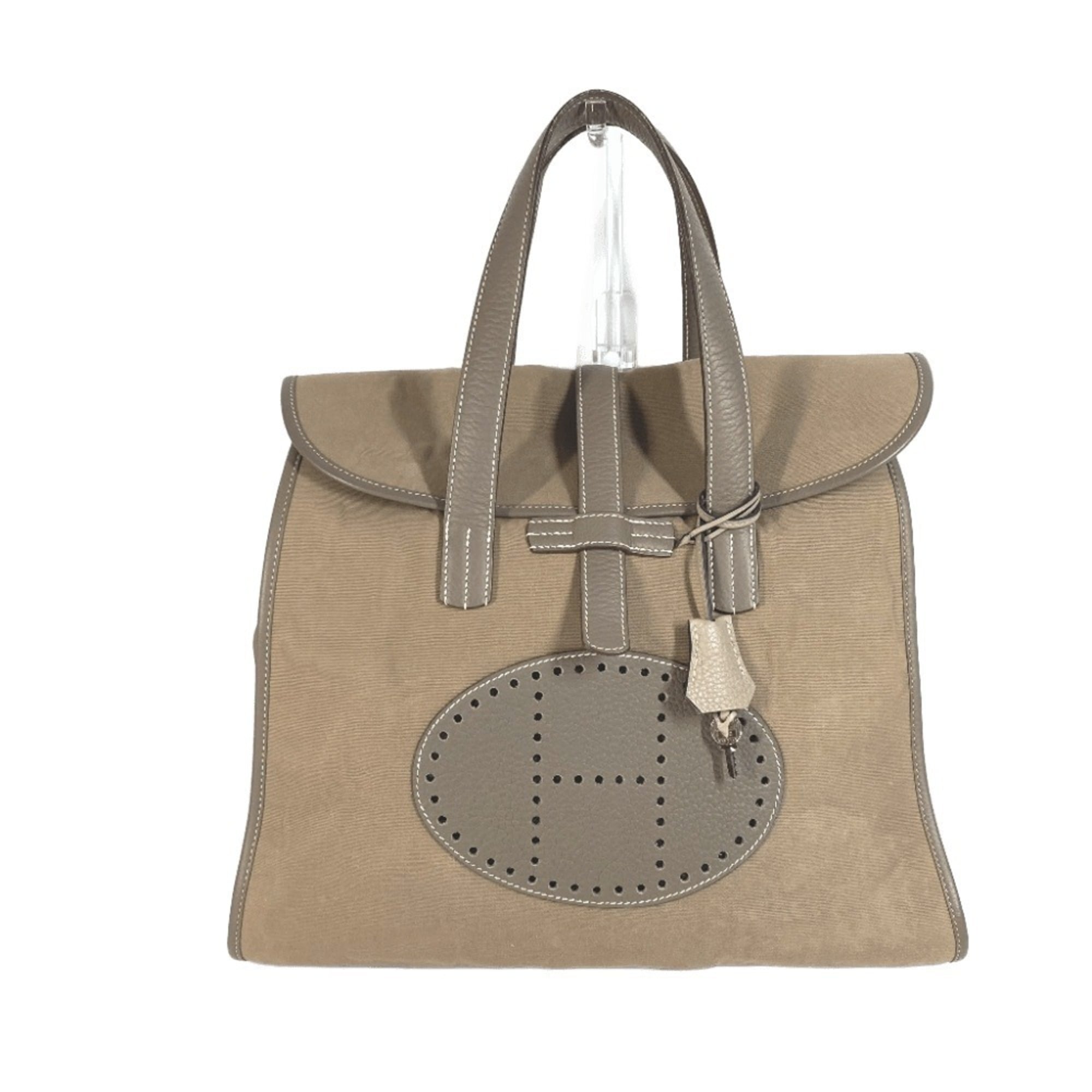 Hermes Gray Leather Canvas Boston Bag Handbag Tote Bag (Pre-Owned)