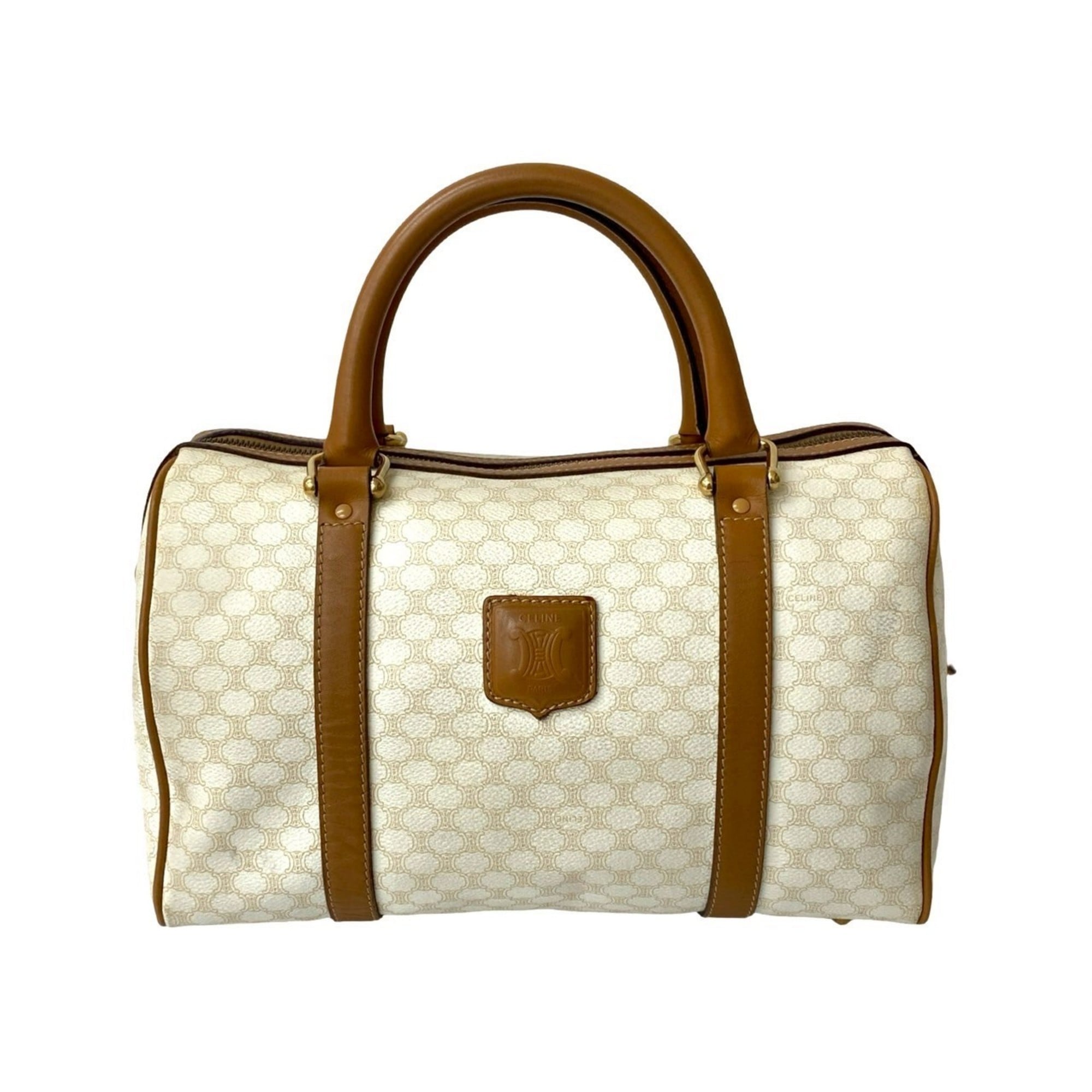 Celine Brown White Leather Pvc Boston Bag Handbag (Pre-Owned)