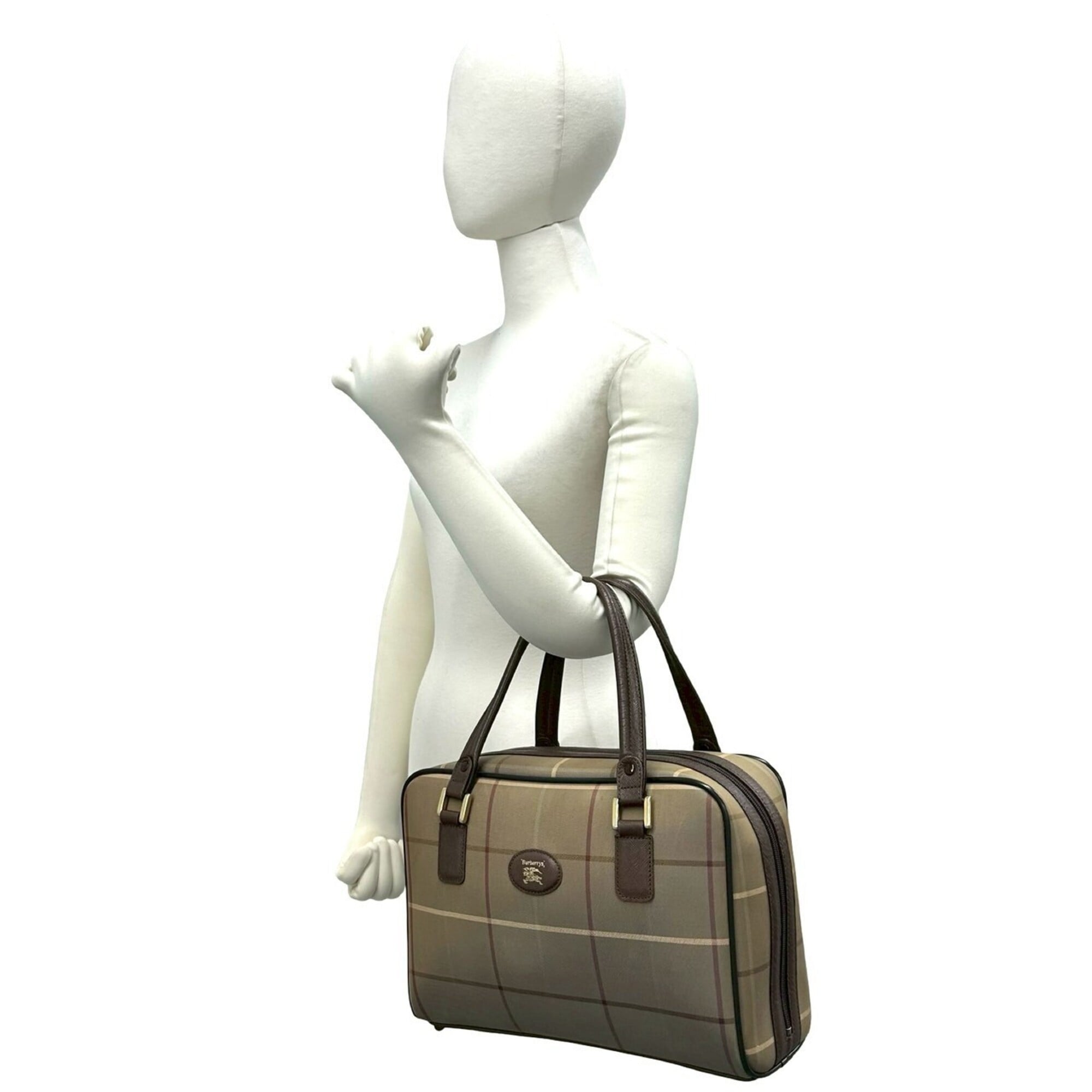 Burberry Brown Khaki Canvas Leather Boston Bag Handbag (Pre-Owned)