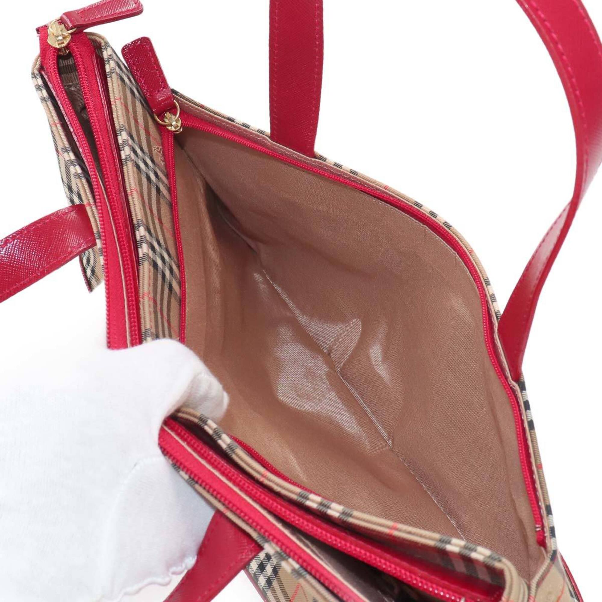 Burberry Beige Red Color Canvas Leather Handbag (Pre-Owned)