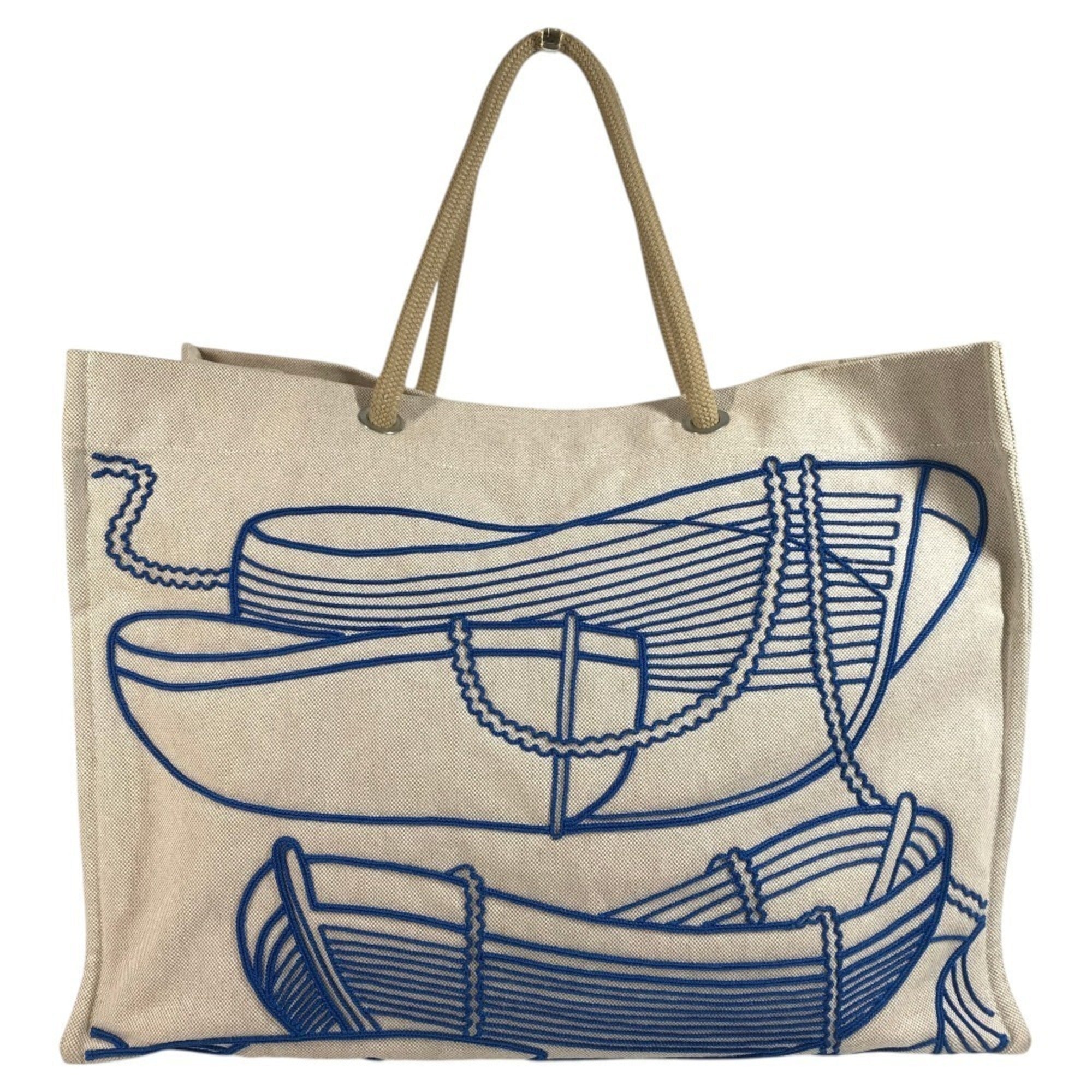 Hermes Beige Blue Cotton Beach Bag Boston Bag Handbag Shoulder Bag Tote Bag (Pre-Owned)