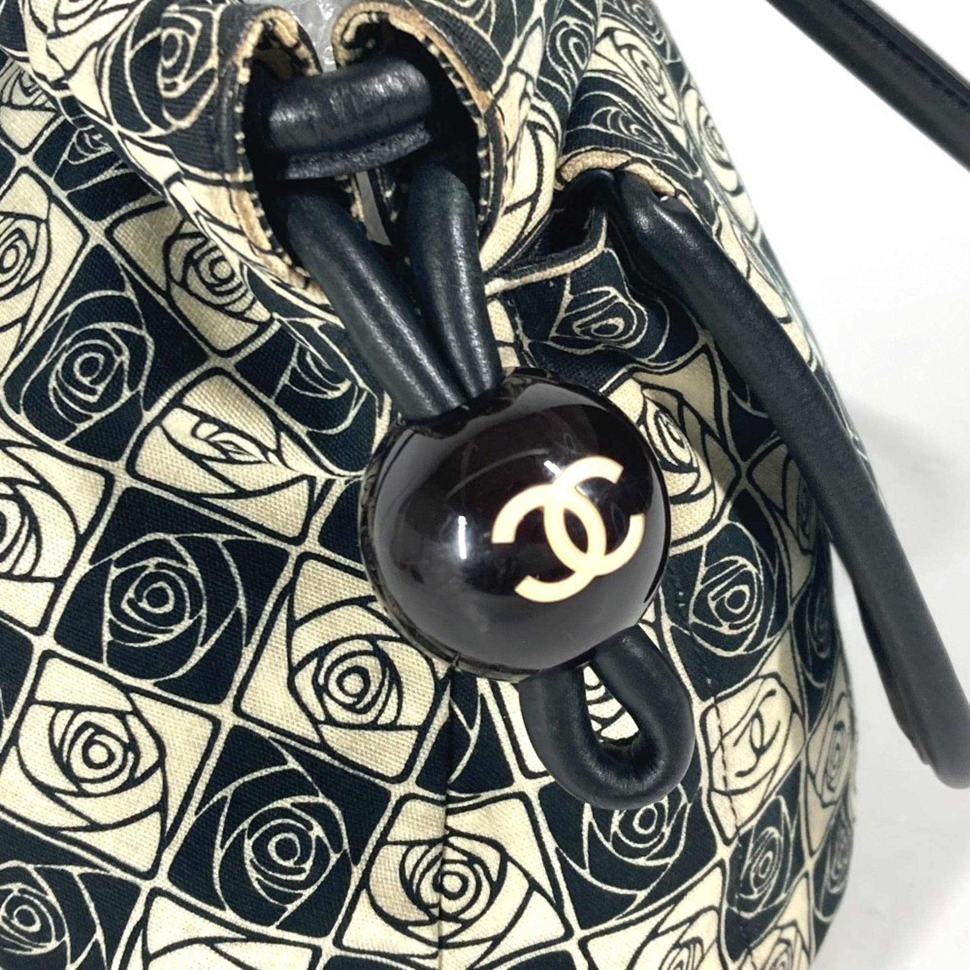 Chanel Beige Black Leather Canvas Shoulder Bag Tote Bag (Pre-Owned)