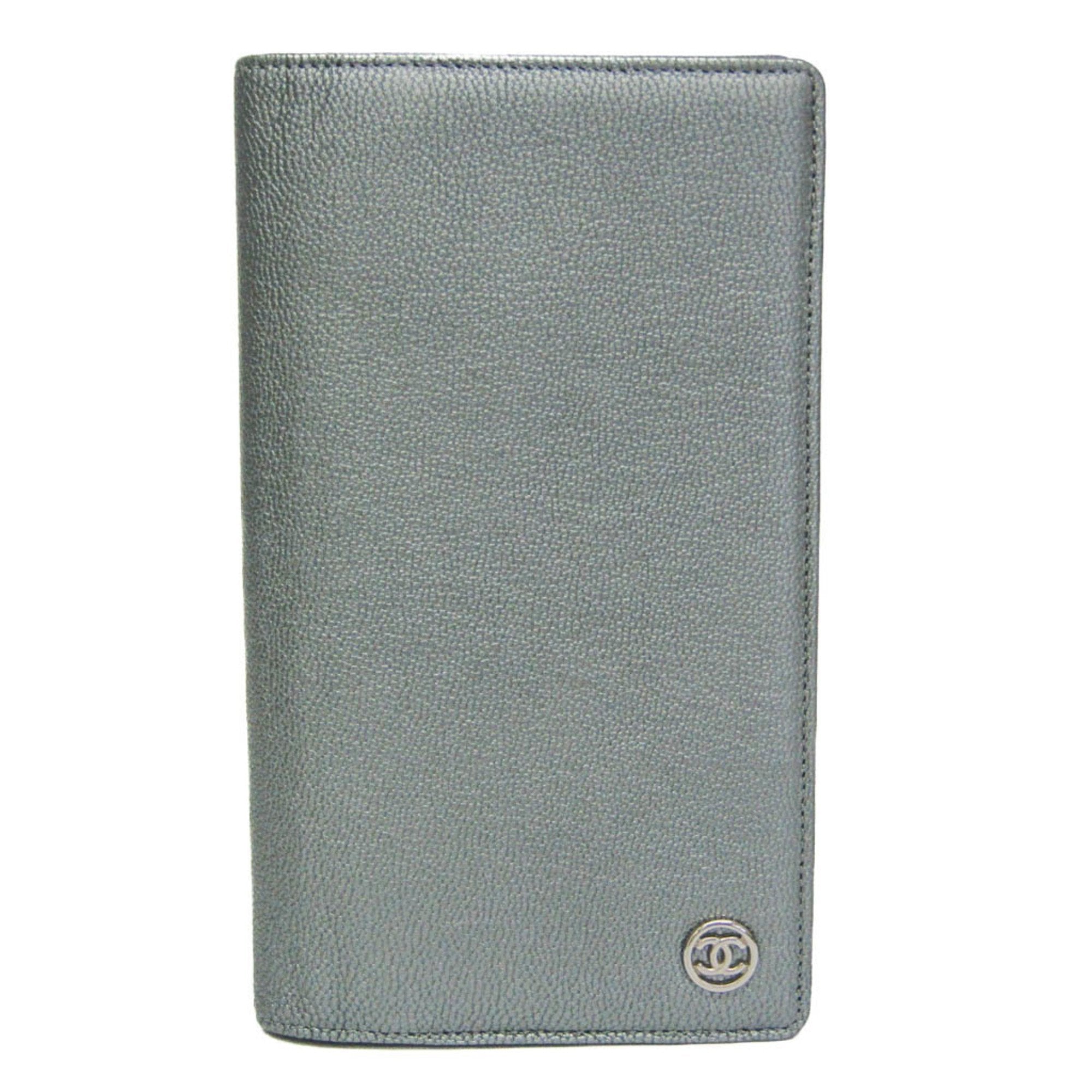 Chanel Coco Button Silver Leather Long Wallet (Bi-Fold) (Pre-Owned)