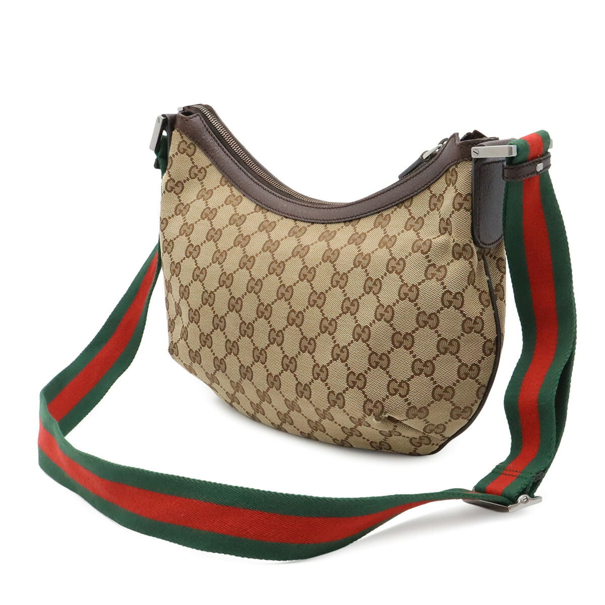 Gucci Gg Canvas Beige Brown Dark Brown Green Khaki Red Color Canvas Leather Shoulder Bag (Pre-Owned)