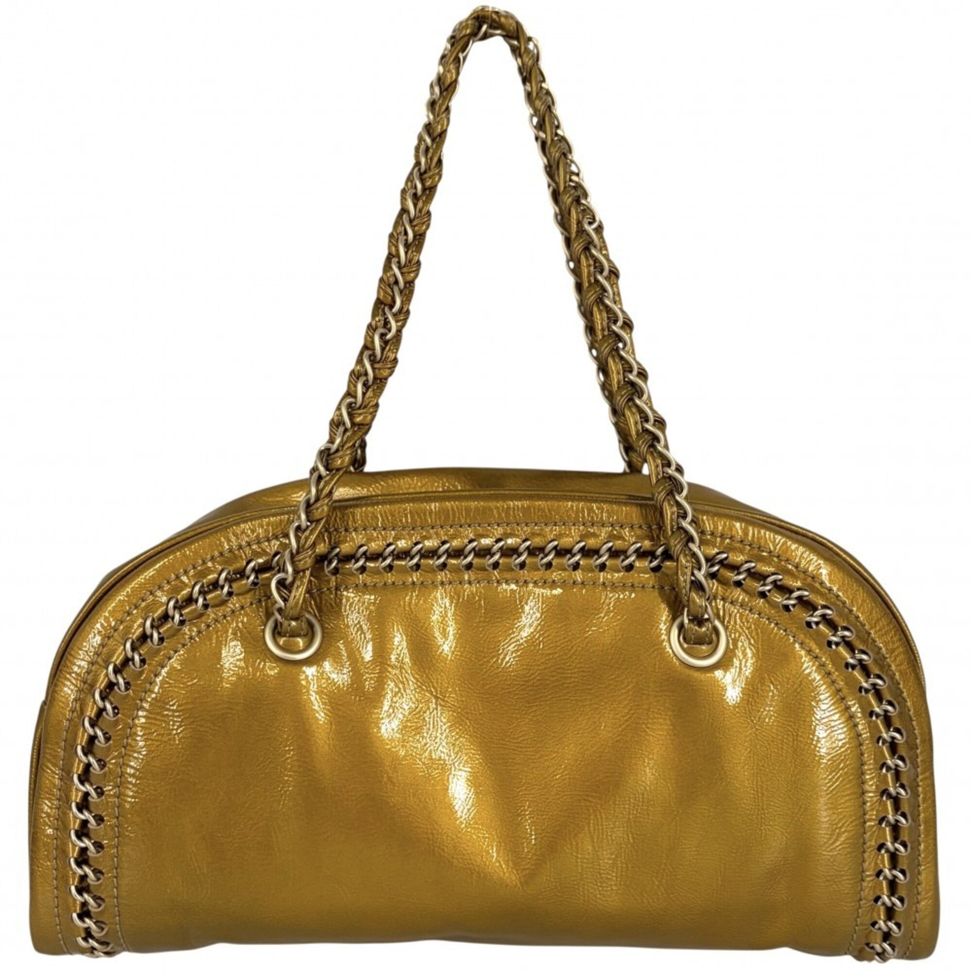Chanel Gold Leather Boston Bag Handbag (Pre-Owned)