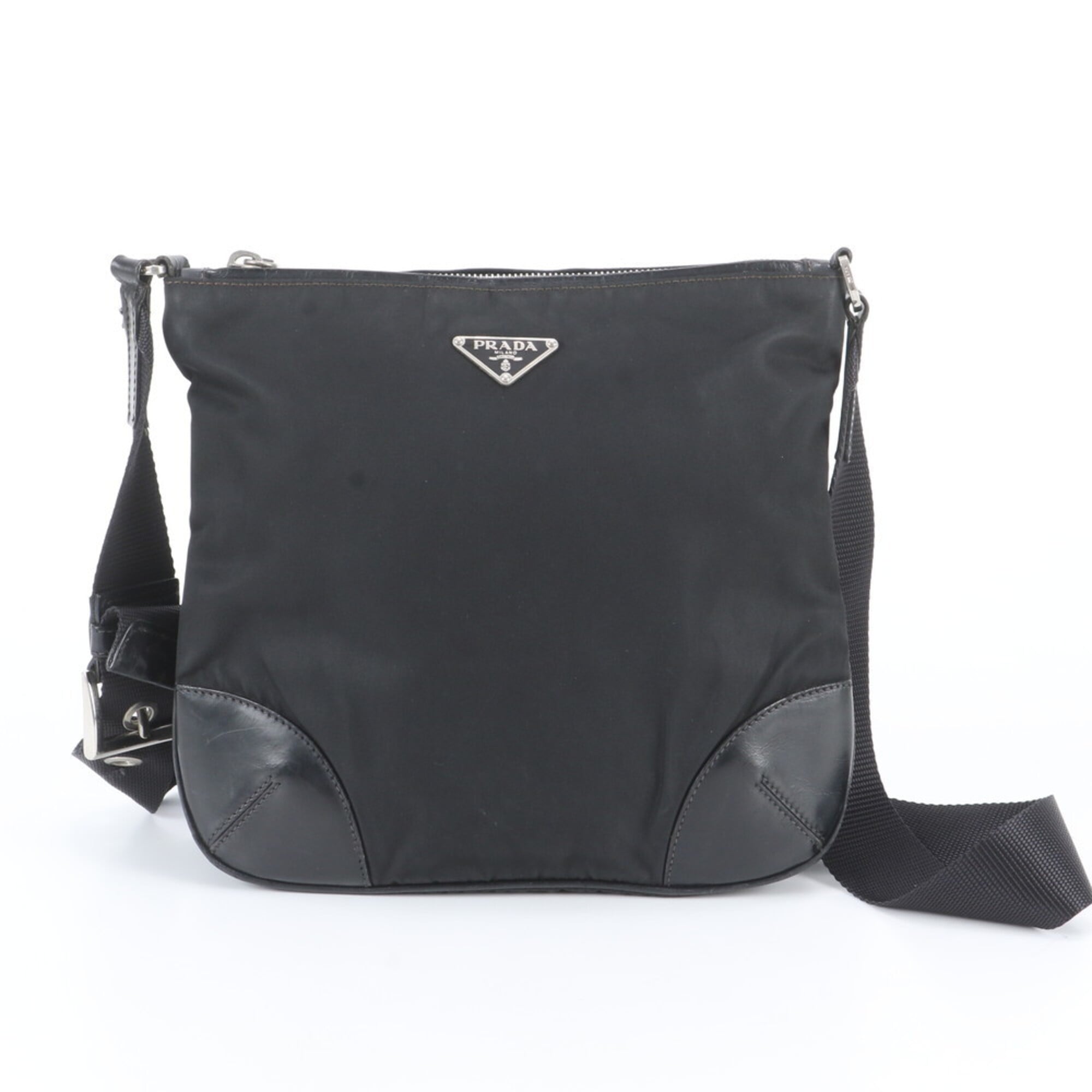 Prada Black Leather Nylon Messenger Bag Shoulder Bag (Pre-Owned)