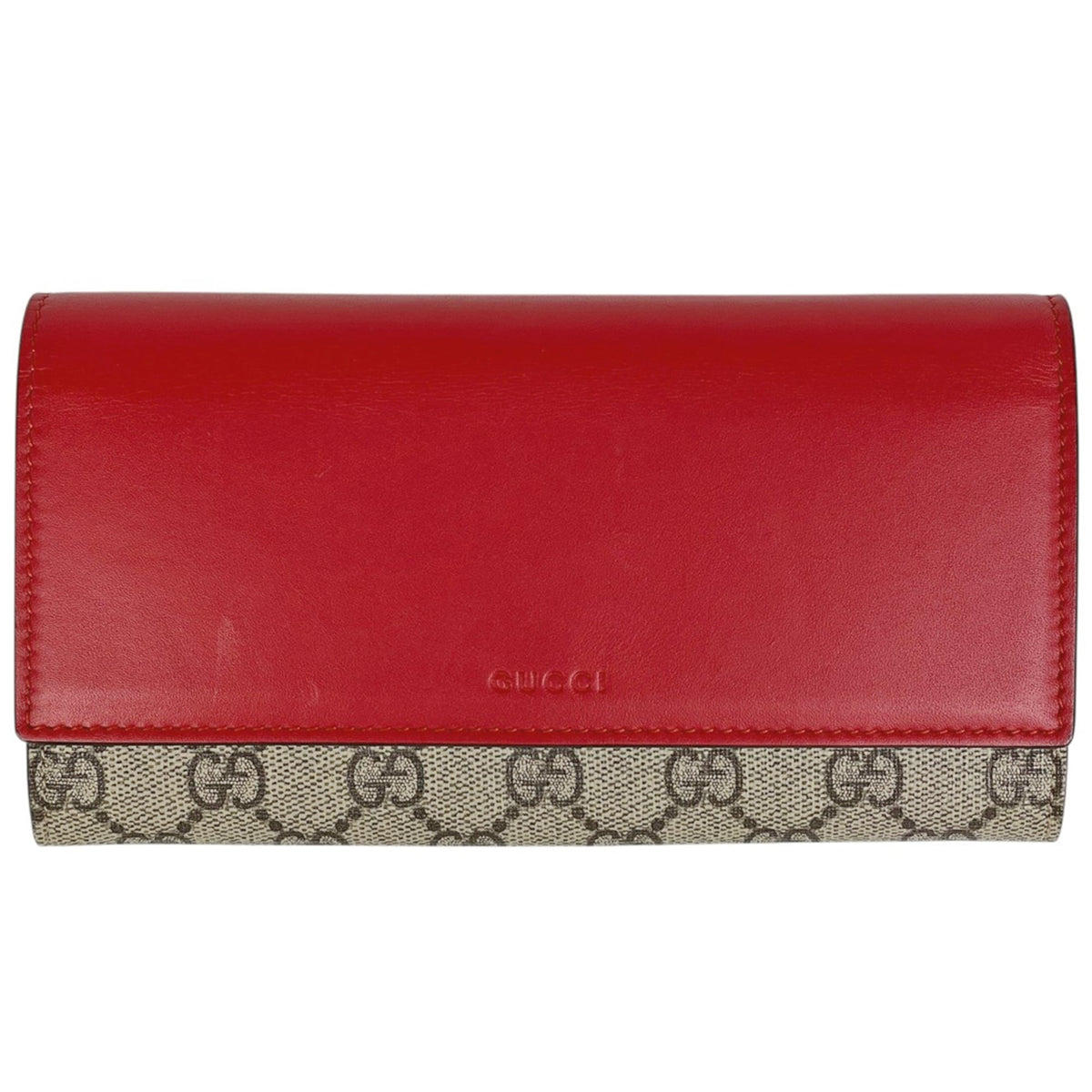 Gucci Beige Red Color Coated Canvas Leather Long Wallet (Bi-Fold) (Pre-Owned)
