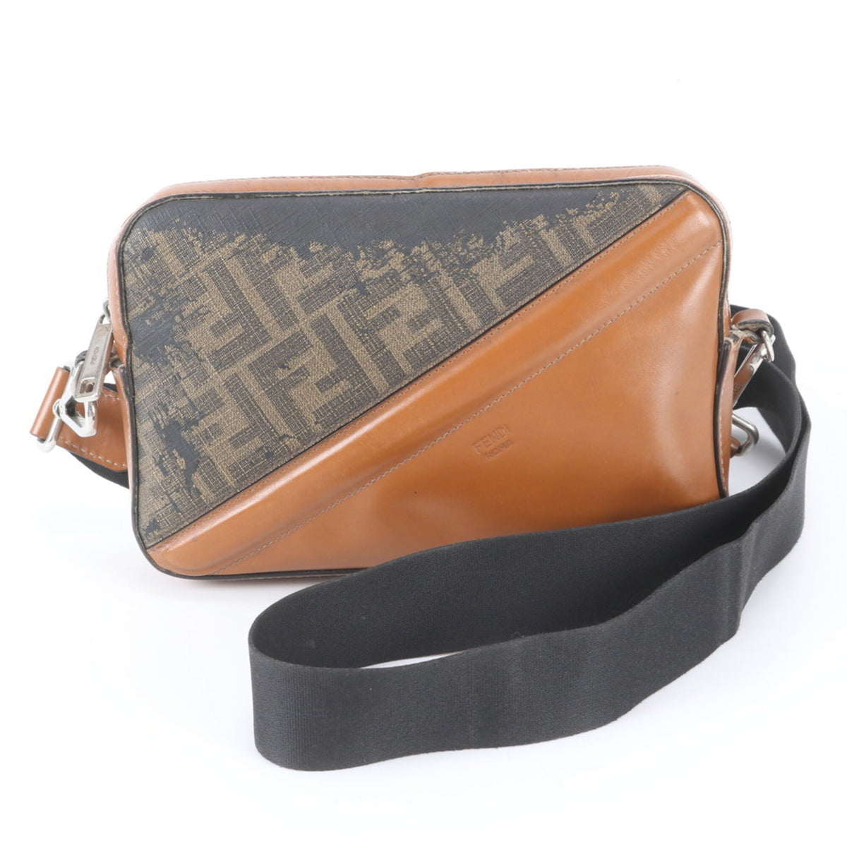 Fendi Black Brown Leather Coated Canvas Messenger Bag Shoulder Bag Tote Bag (Pre-Owned)