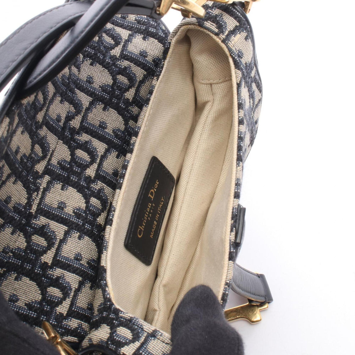 Christian Dior Beige Navy Canvas Leather Handbag Saddle Bag (Pre-Owned)