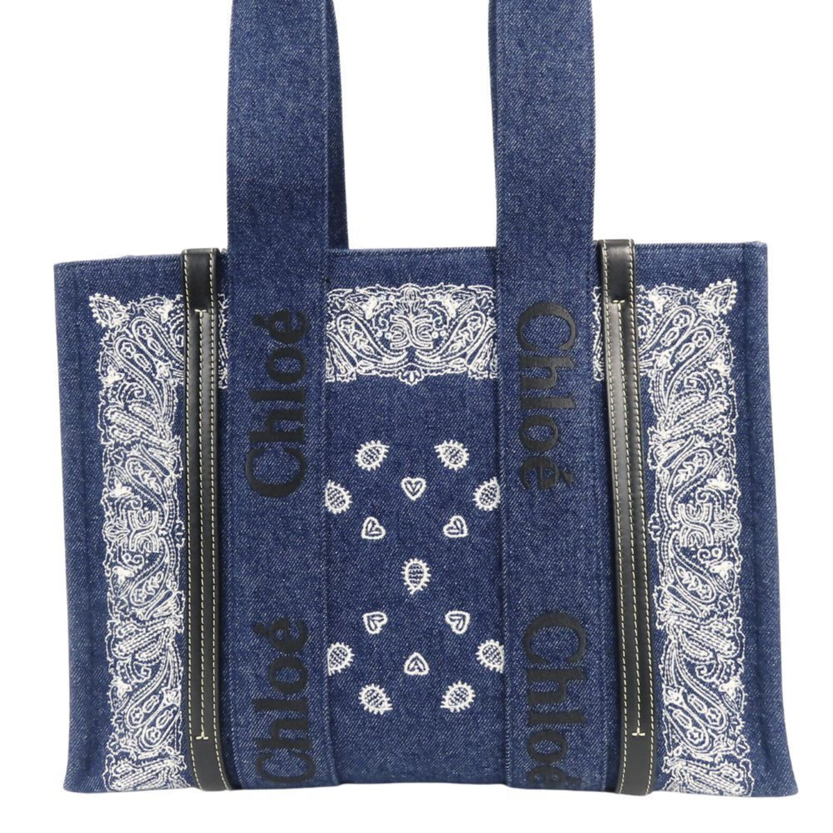 Chloé Blue White Cotton Denim Leather Tote Bag (Pre-Owned)