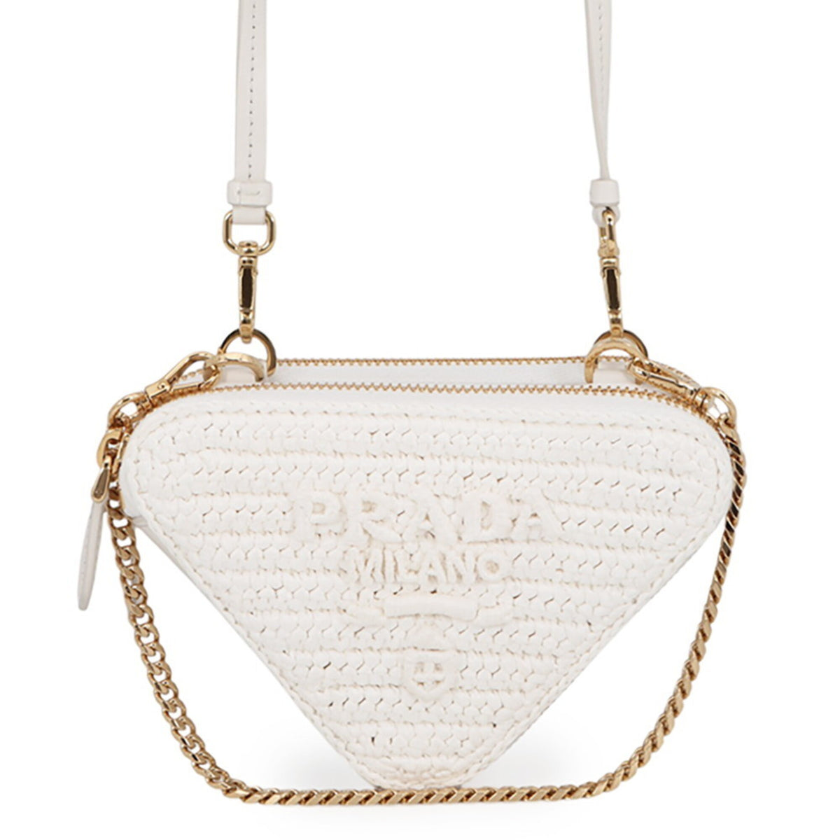 Prada White Leather Raffia Handbag Pouch Shoulder Bag (Pre-Owned)