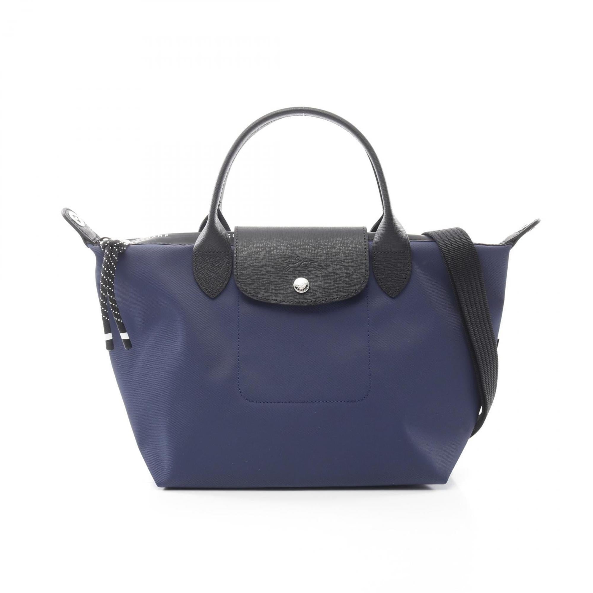 Longchamp Black Navy Canvas Leather Tote Bag (Pre-Owned)