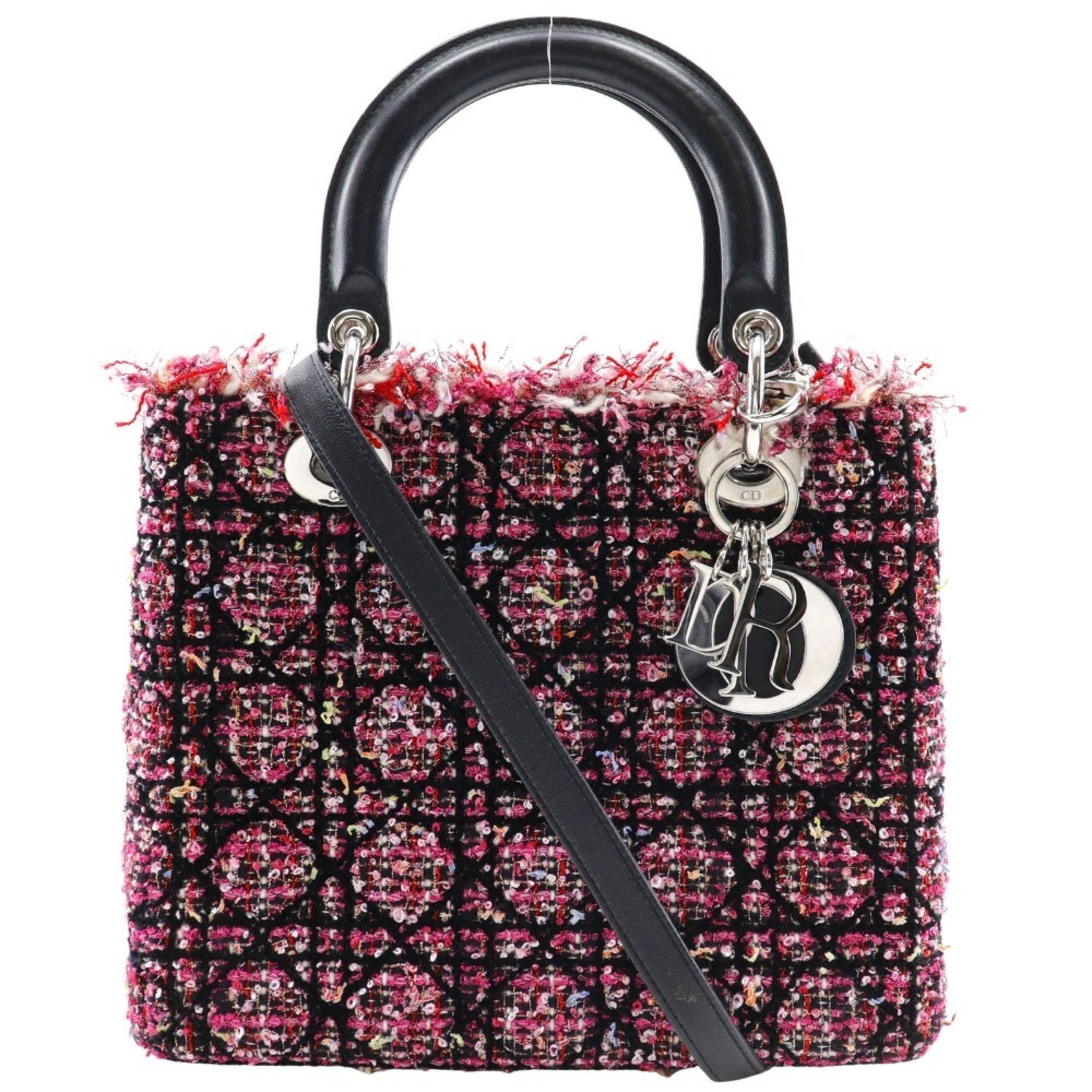 Christian Dior Lady Dior Black Pink Tweed Leather Handbag (Pre-Owned)