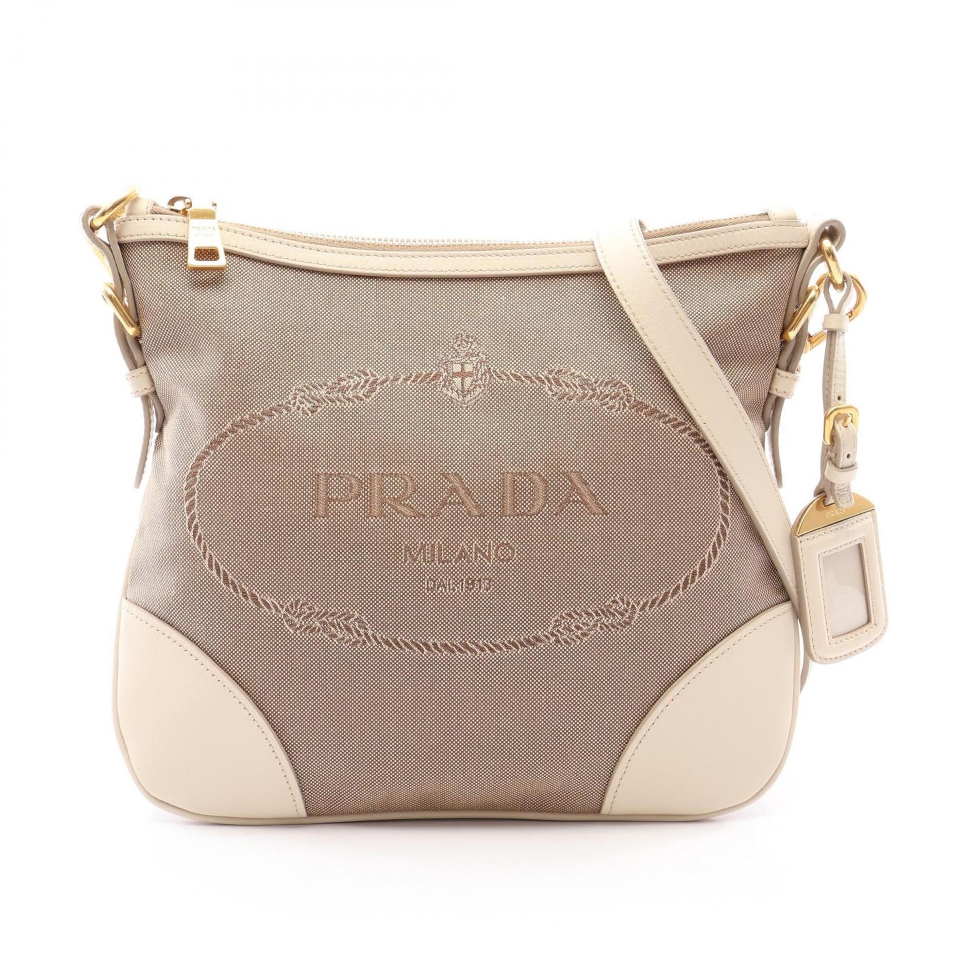 Prada Beige Ivory Canvas Leather Shoulder Bag (Pre-Owned)