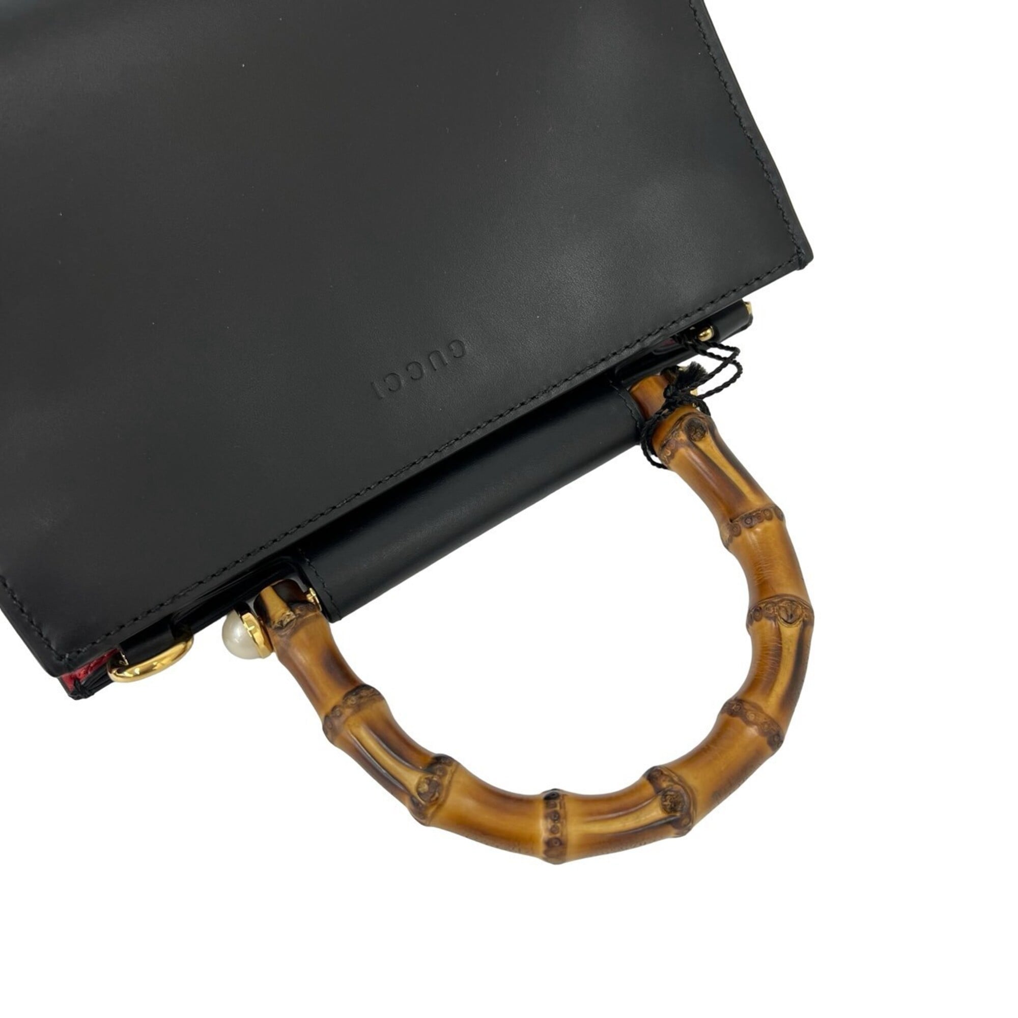 Gucci Black Red Color Leather Bamboo Handbag Shoulder Bag (Pre-Owned)