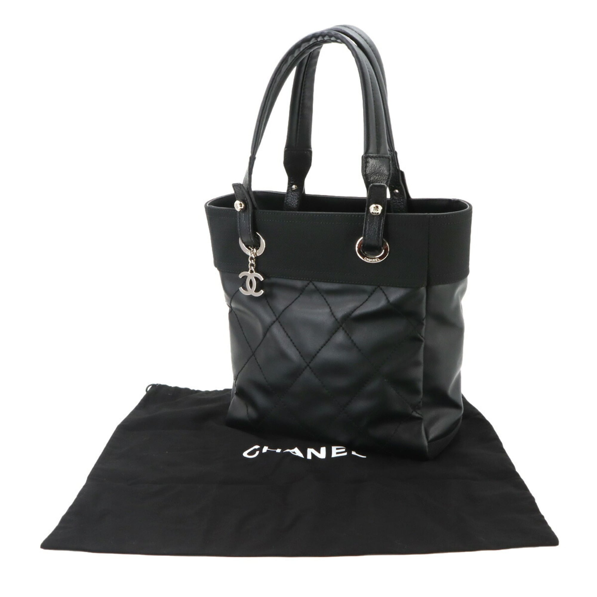 Chanel Paris Biarritz Black Nylon Pvc Leather Handbag Tote Bag (Pre-Owned)