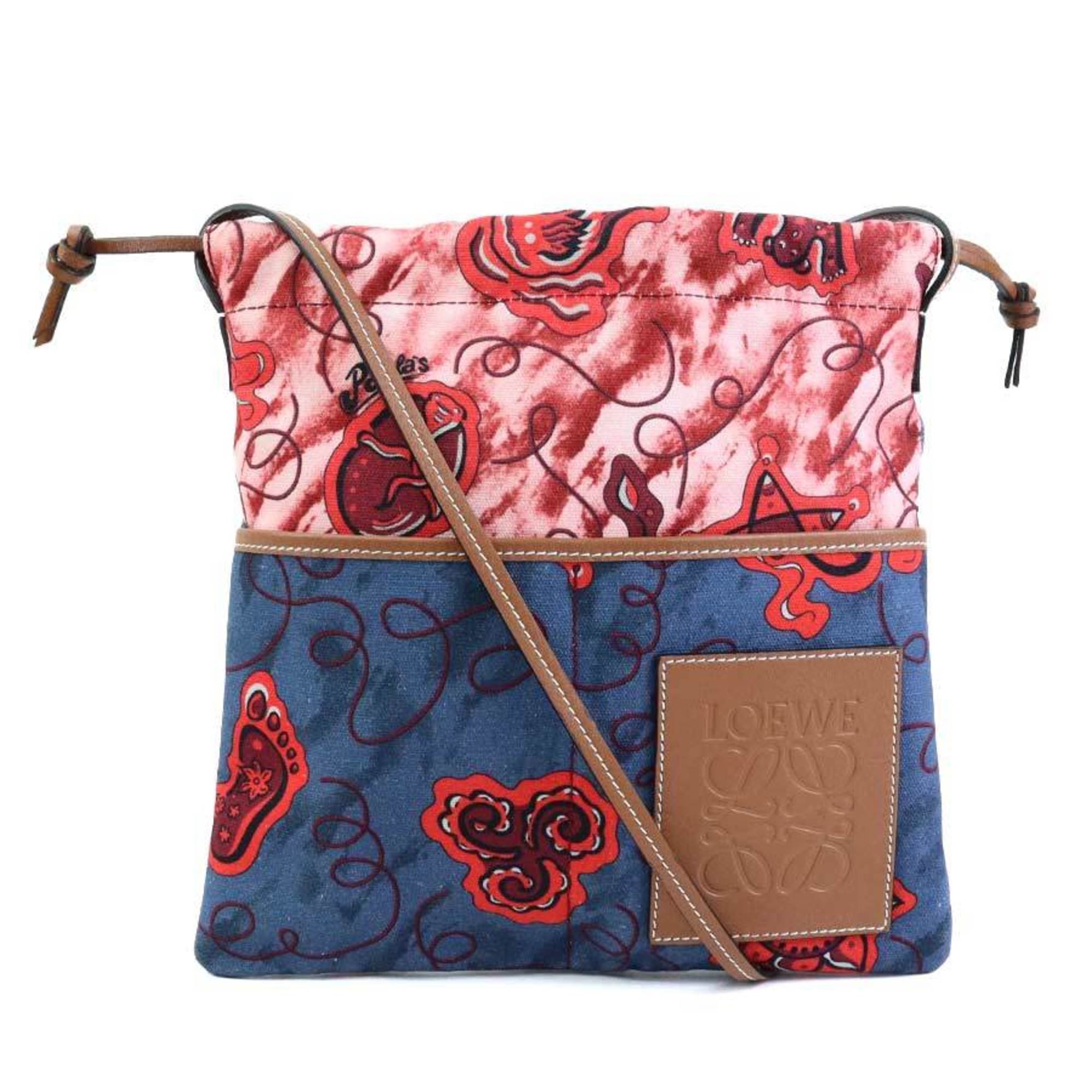 Loewe Brown Navy Red Color Canvas Leather Shoulder Bag (Pre-Owned)