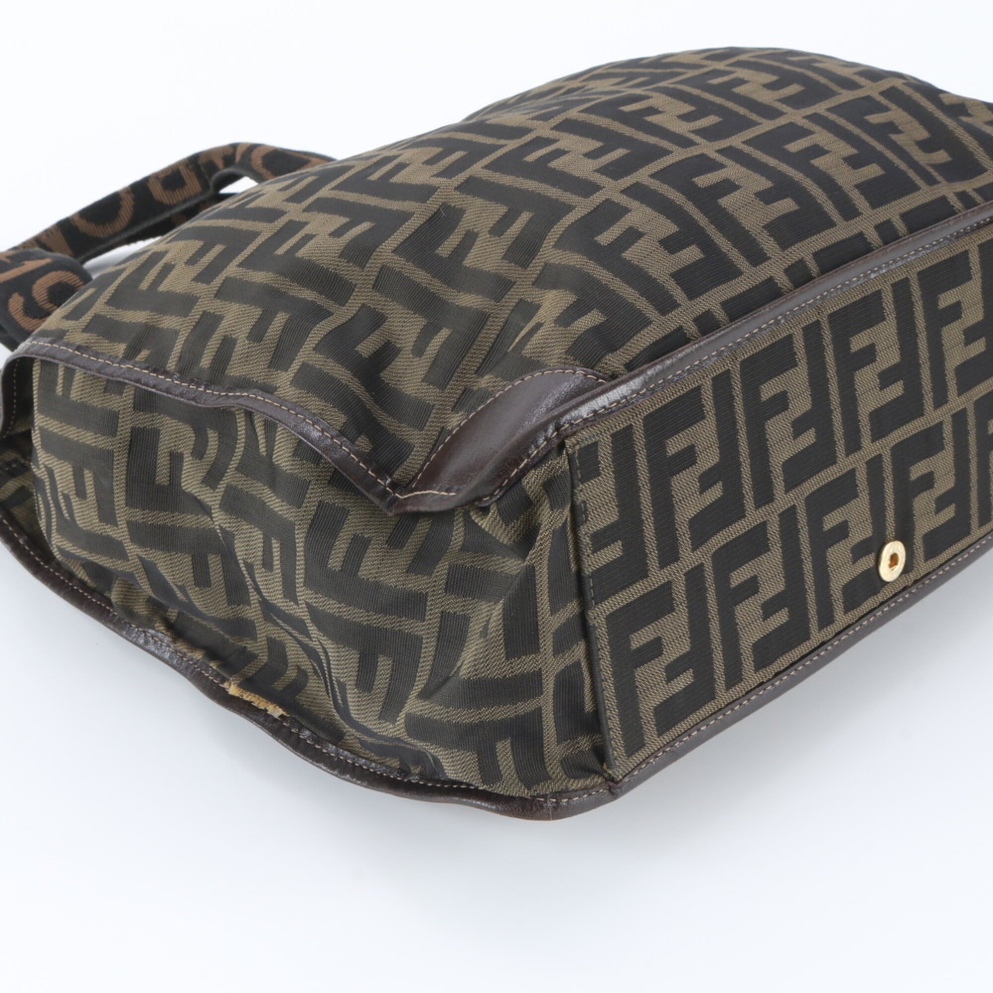 Fendi Brown Leather Canvas Handbag Shoulder Bag Tote Bag (Pre-Owned)