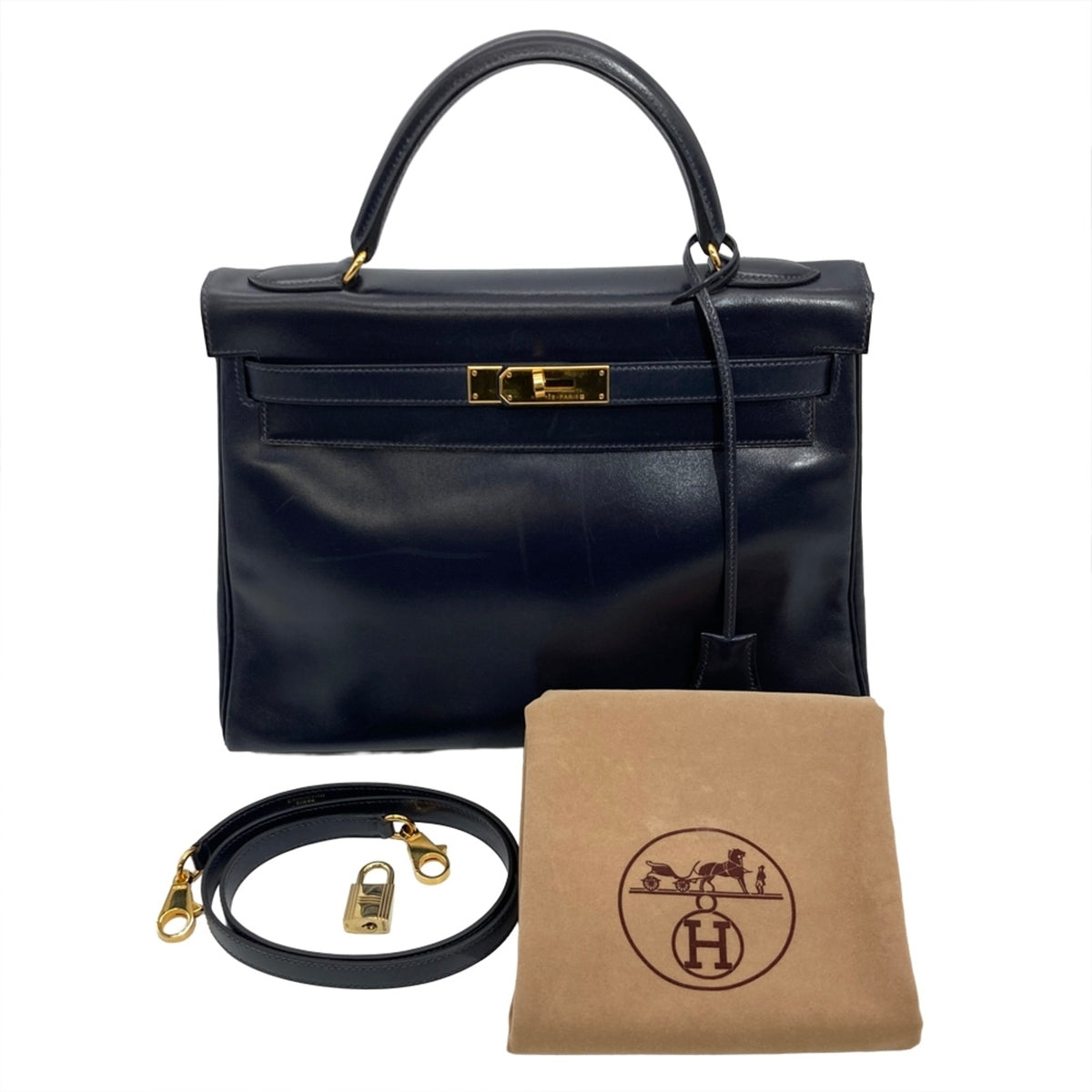 Hermes Navy Box Calf Leather Handbag (Pre-Owned)