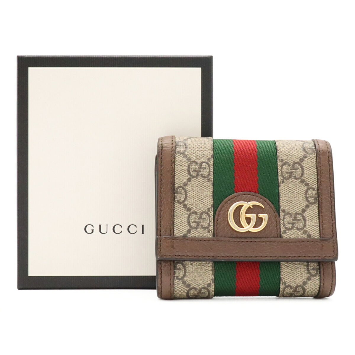 Gucci Beige Brown Green Red Color Gg Supreme Canvas Leather Wallet (Bi-Fold) (Pre-Owned)