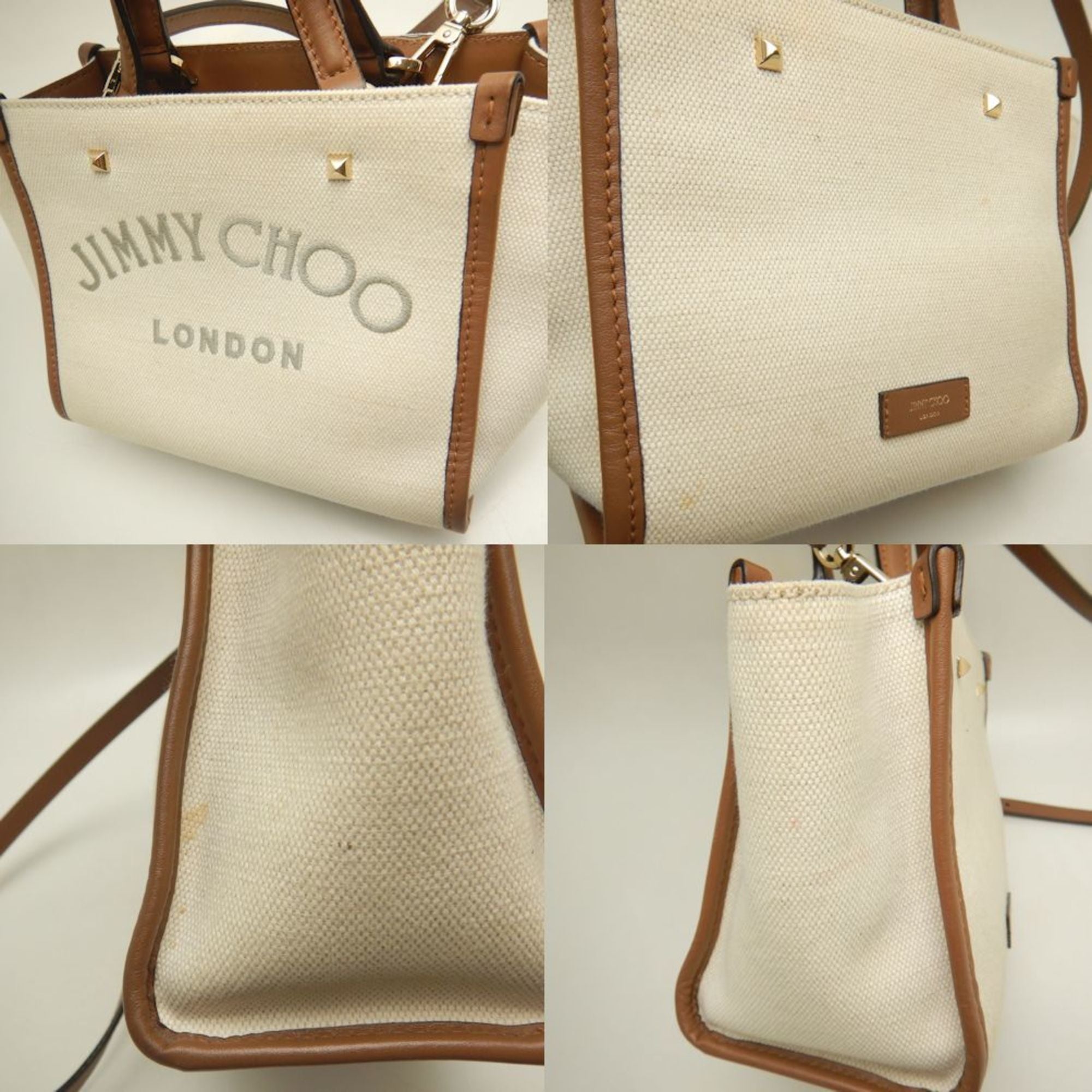 Jimmy Choo Brown Ivory Cotton Canvas Leather Tote Bag (Pre-Owned)