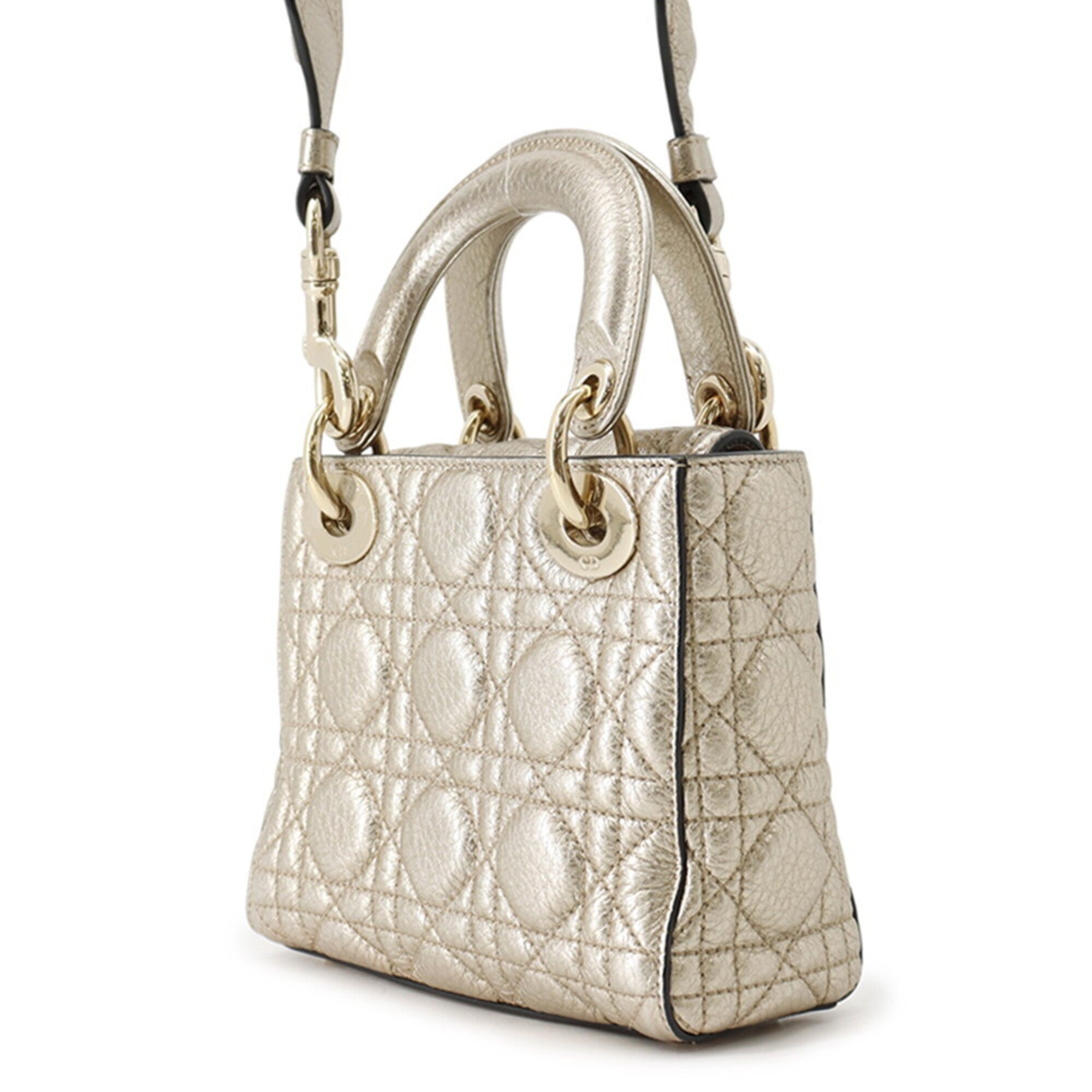 Christian Dior Lady Dior Gold Leather Handbag Shoulder Bag (Pre-Owned)