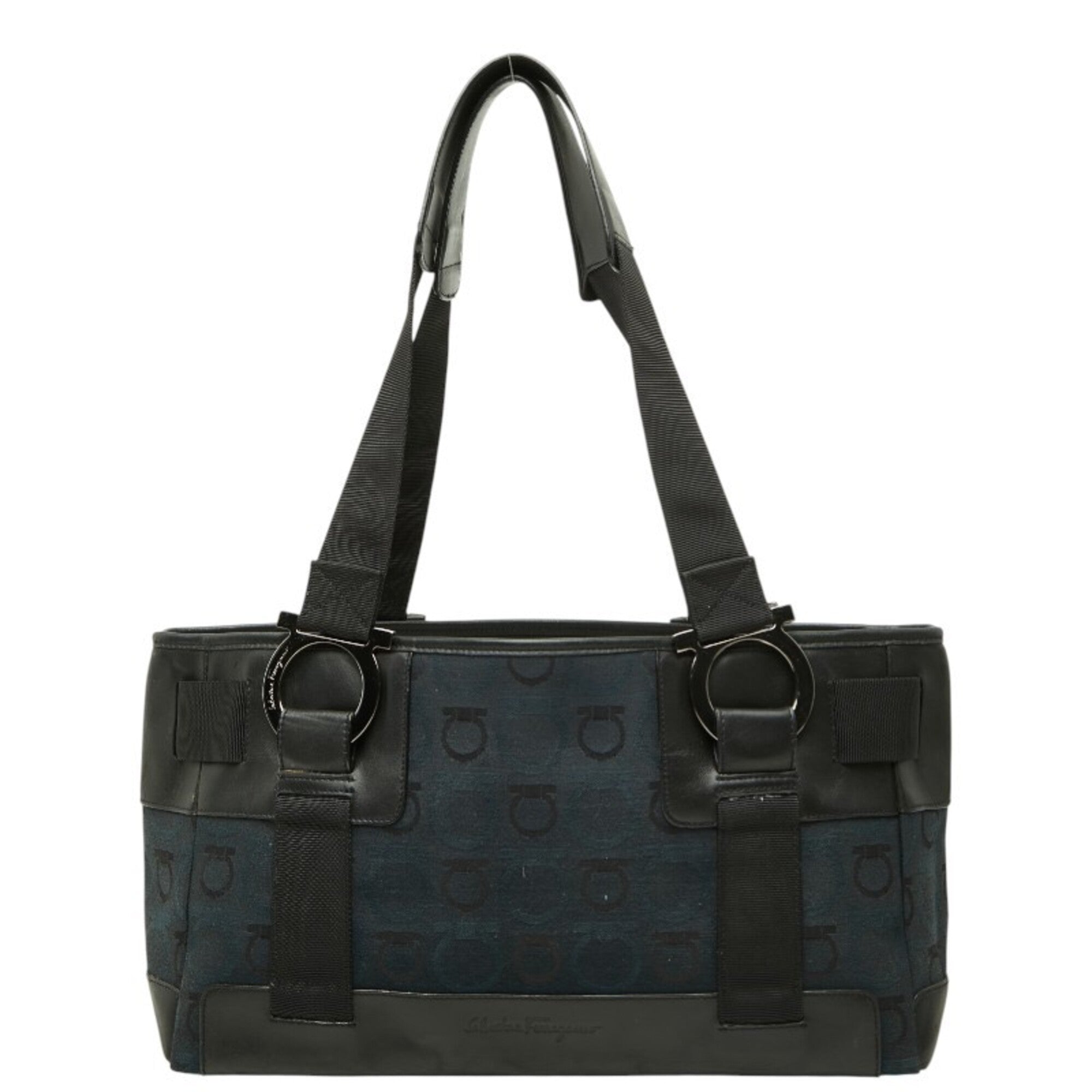Salvatore Ferragamo Black Navy Canvas Handbag Tote Bag (Pre-Owned)
