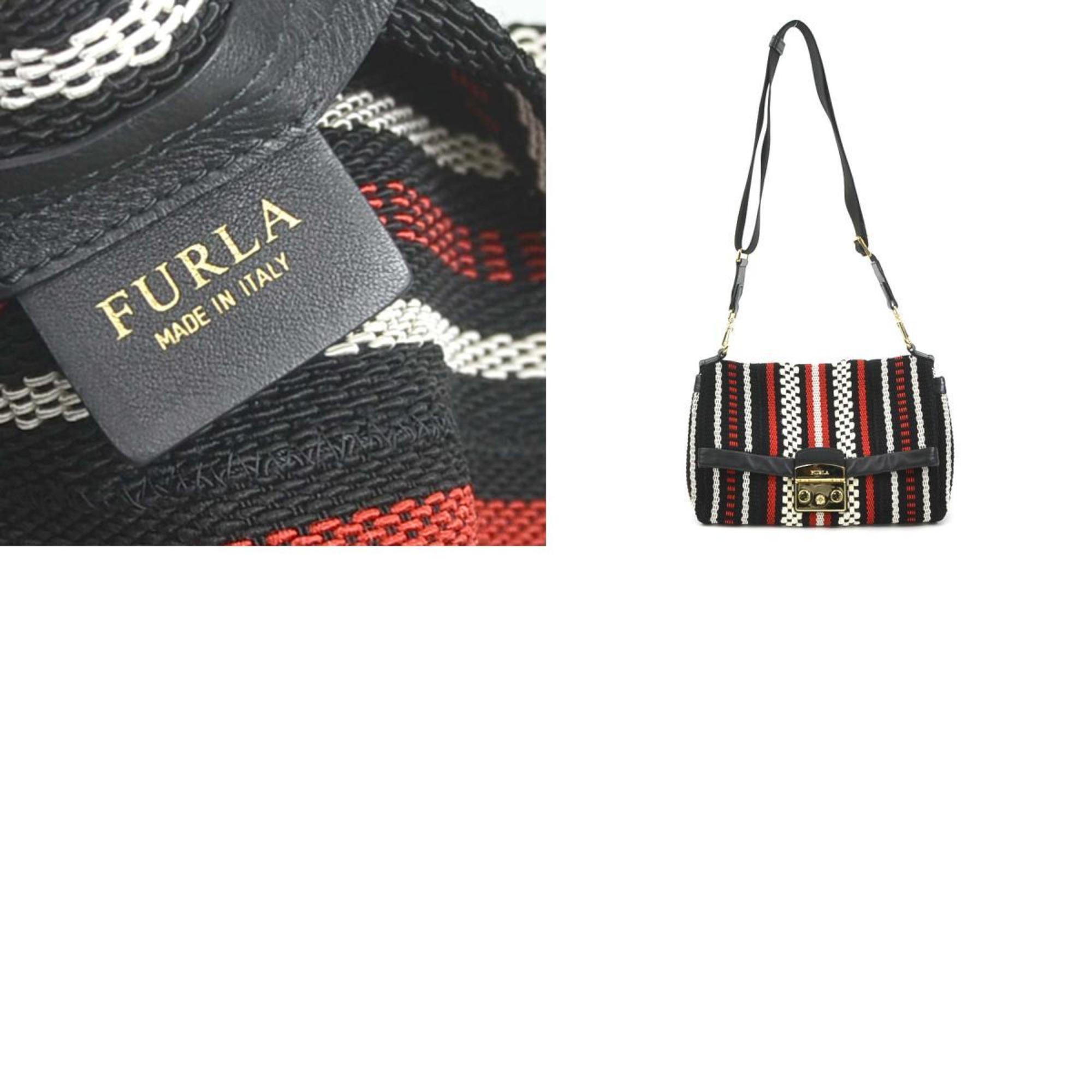 Furla Black Ivory Red Color Nylon Cotton Leather Shoulder Bag (Pre-Owned)