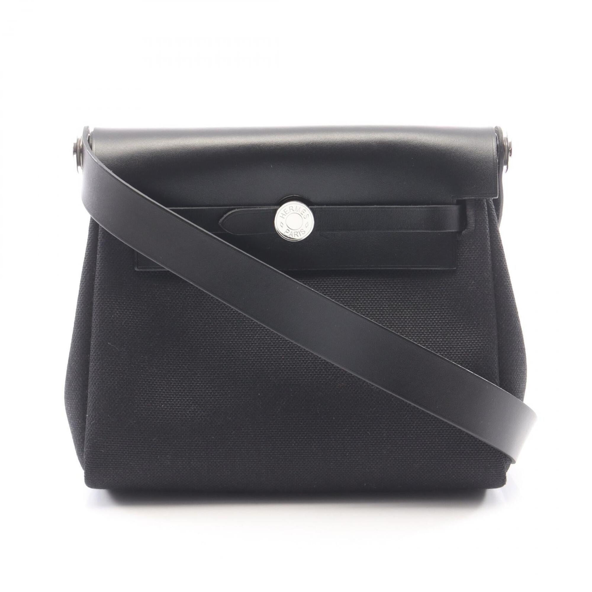 Hermes Black Canvas Leather Handbag Shoulder Bag (Pre-Owned)