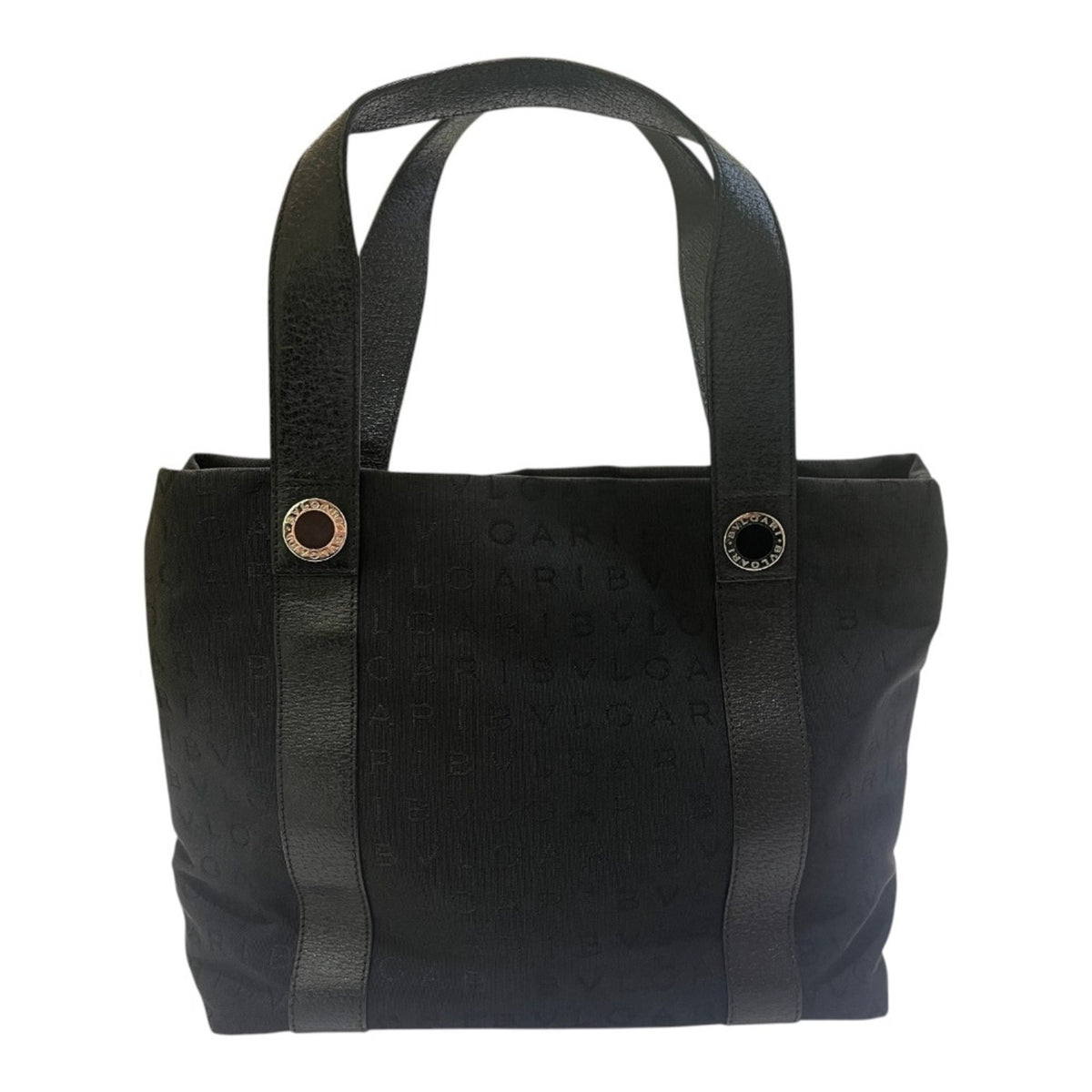 Bvlgari Logomania Black Leather Canvas Handbag Tote Bag (Pre-Owned)