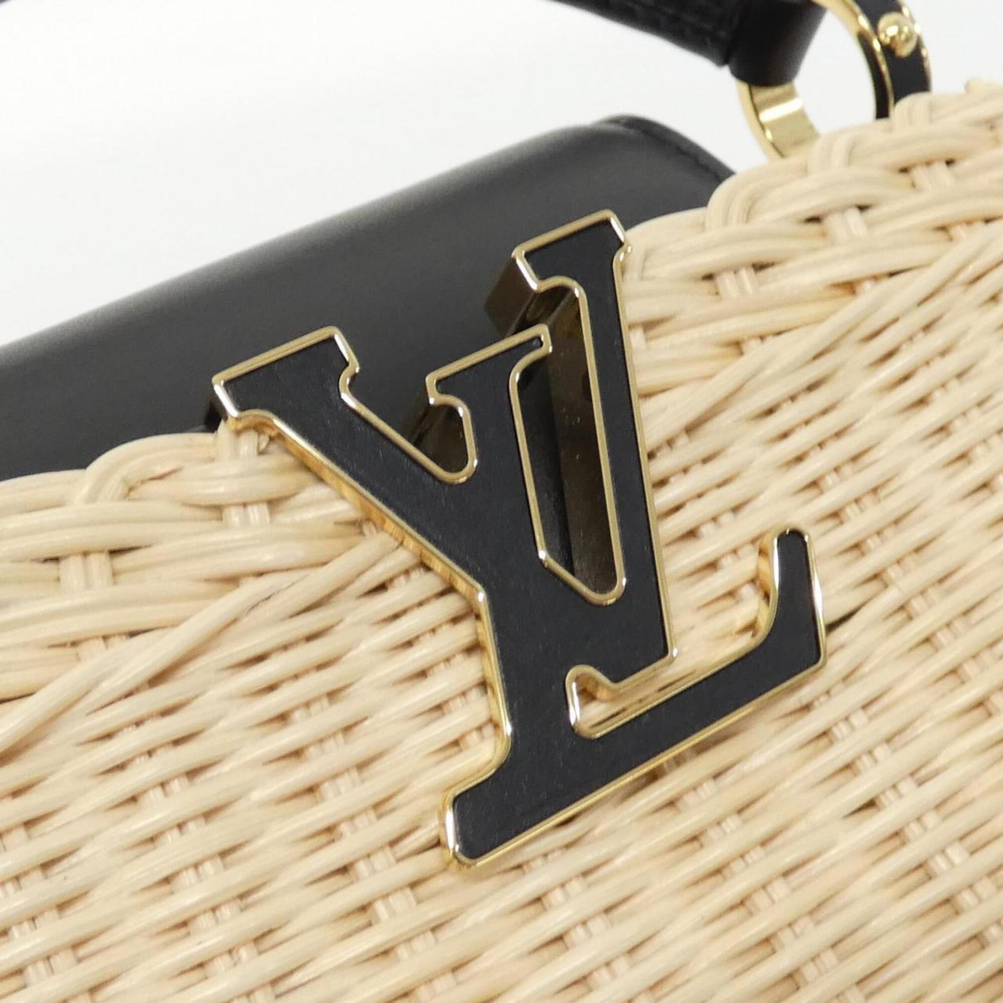 Louis Vuitton Beige Black Rattan Leather Handbag (Pre-Owned)