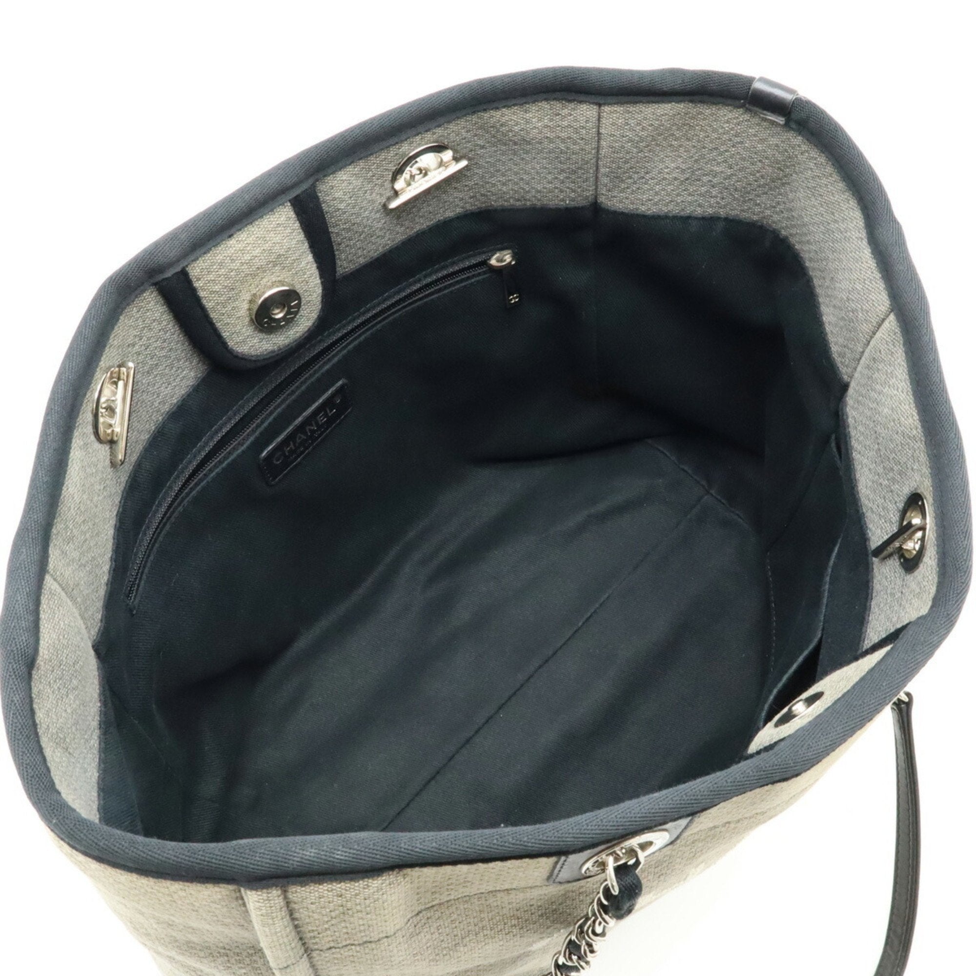 Chanel Black Gray Canvas Leather Shoulder Bag Tote Bag (Pre-Owned)