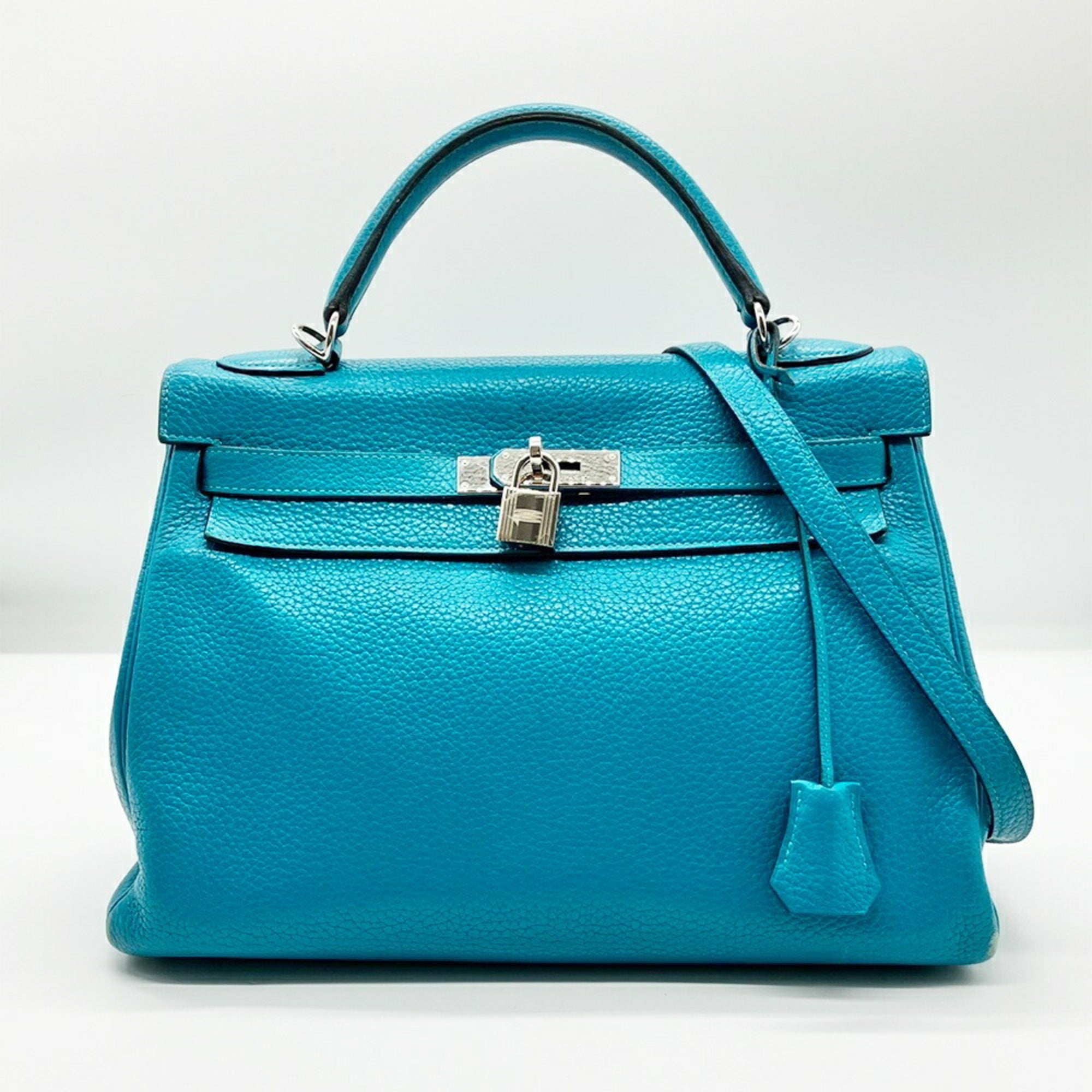 Hermes Kelly Turquoise Blue Taurillon Clemence Leather Handbag Shoulder Bag (Pre-Owned)