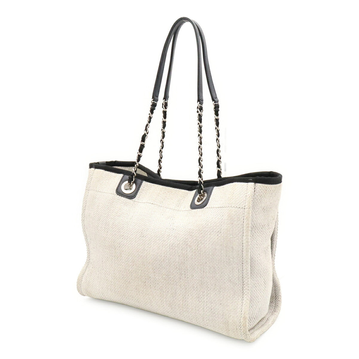 Chanel Black Light Gray White Raffia Shoulder Bag Tote Bag (Pre-Owned)