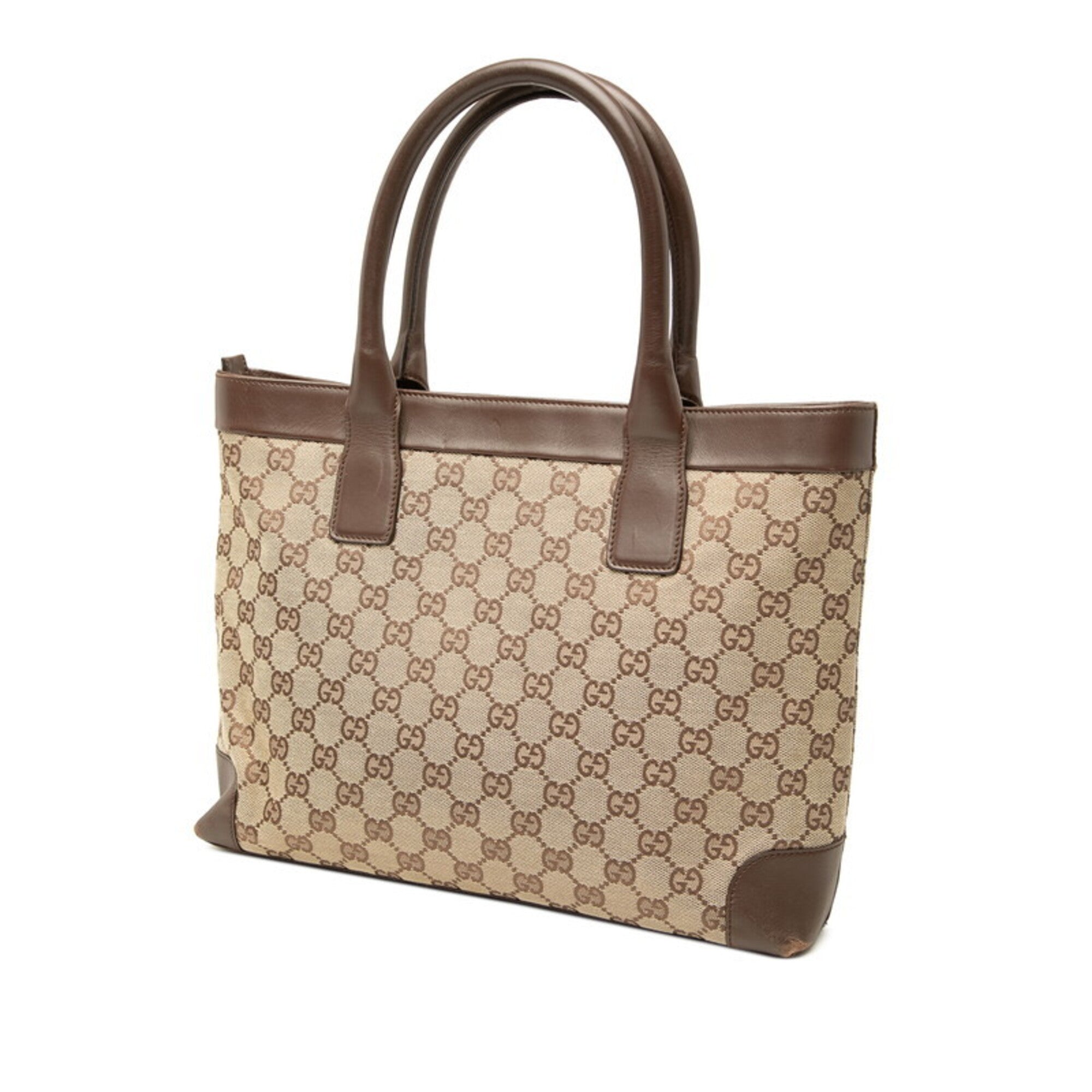 Gucci Beige Brown Canvas Leather Handbag Tote Bag (Pre-Owned)
