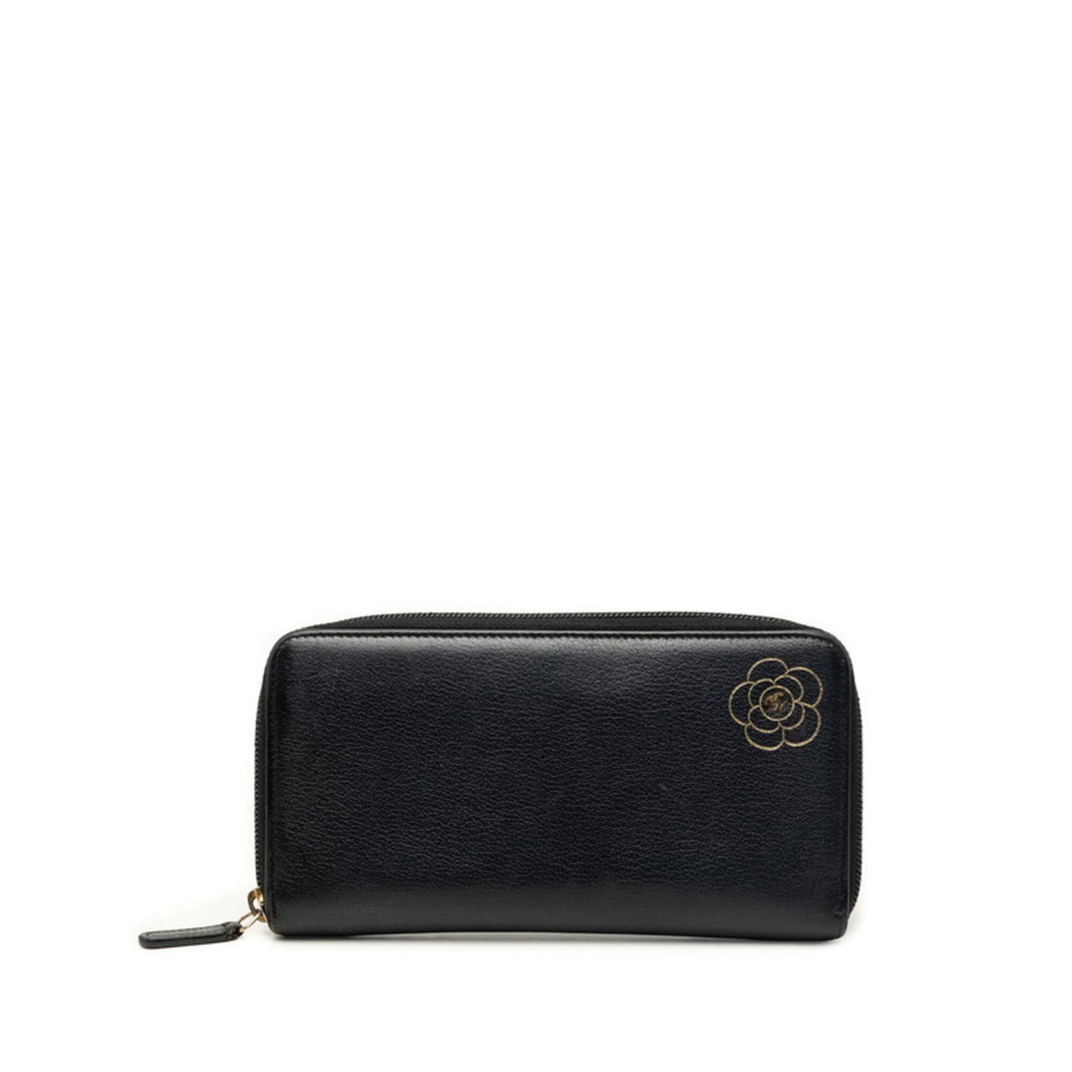 Chanel Gold Black Leather Long Wallet (Bi-Fold) (Pre-Owned)