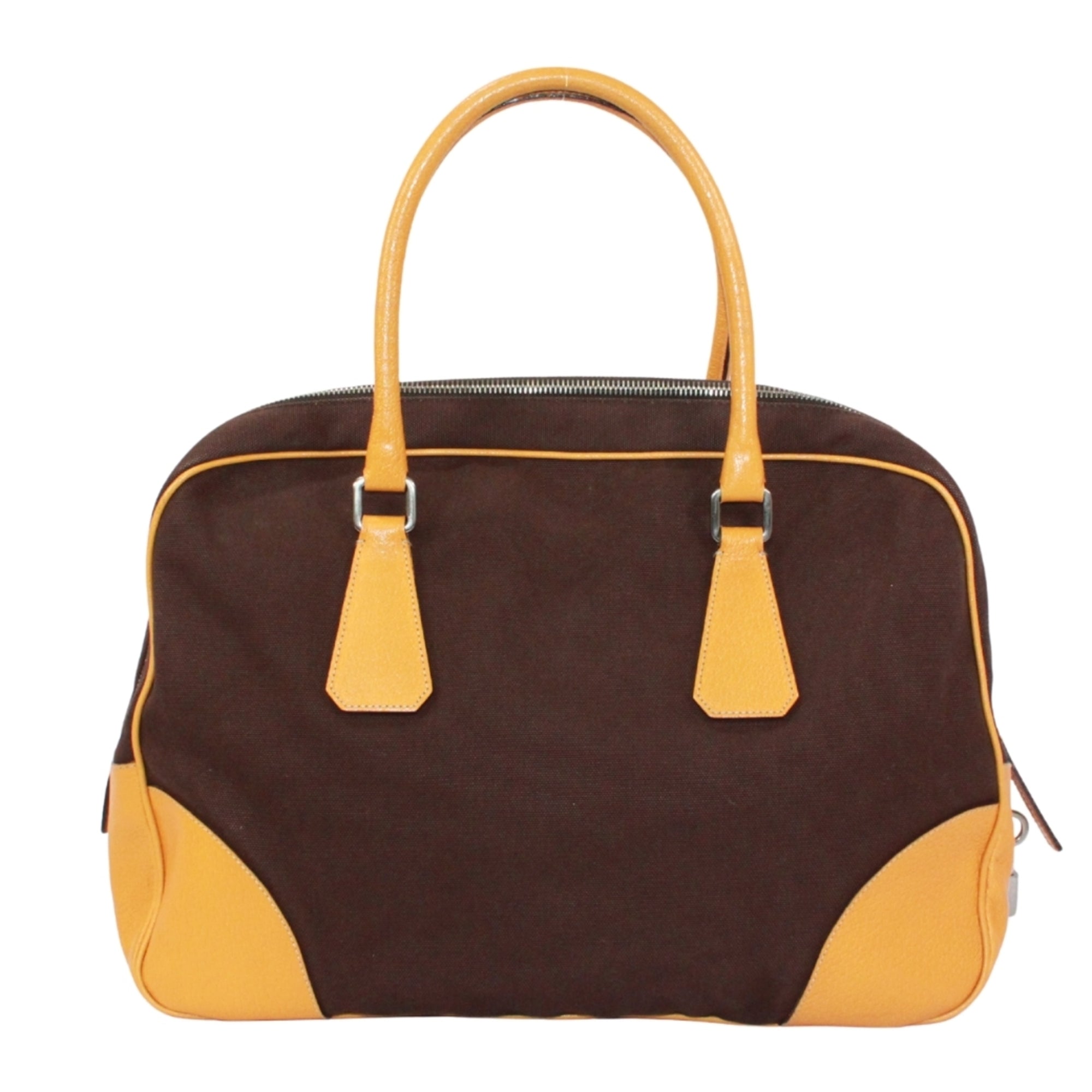 Prada Brown Yellow Leather Canvas Boston Bag Handbag (Pre-Owned)