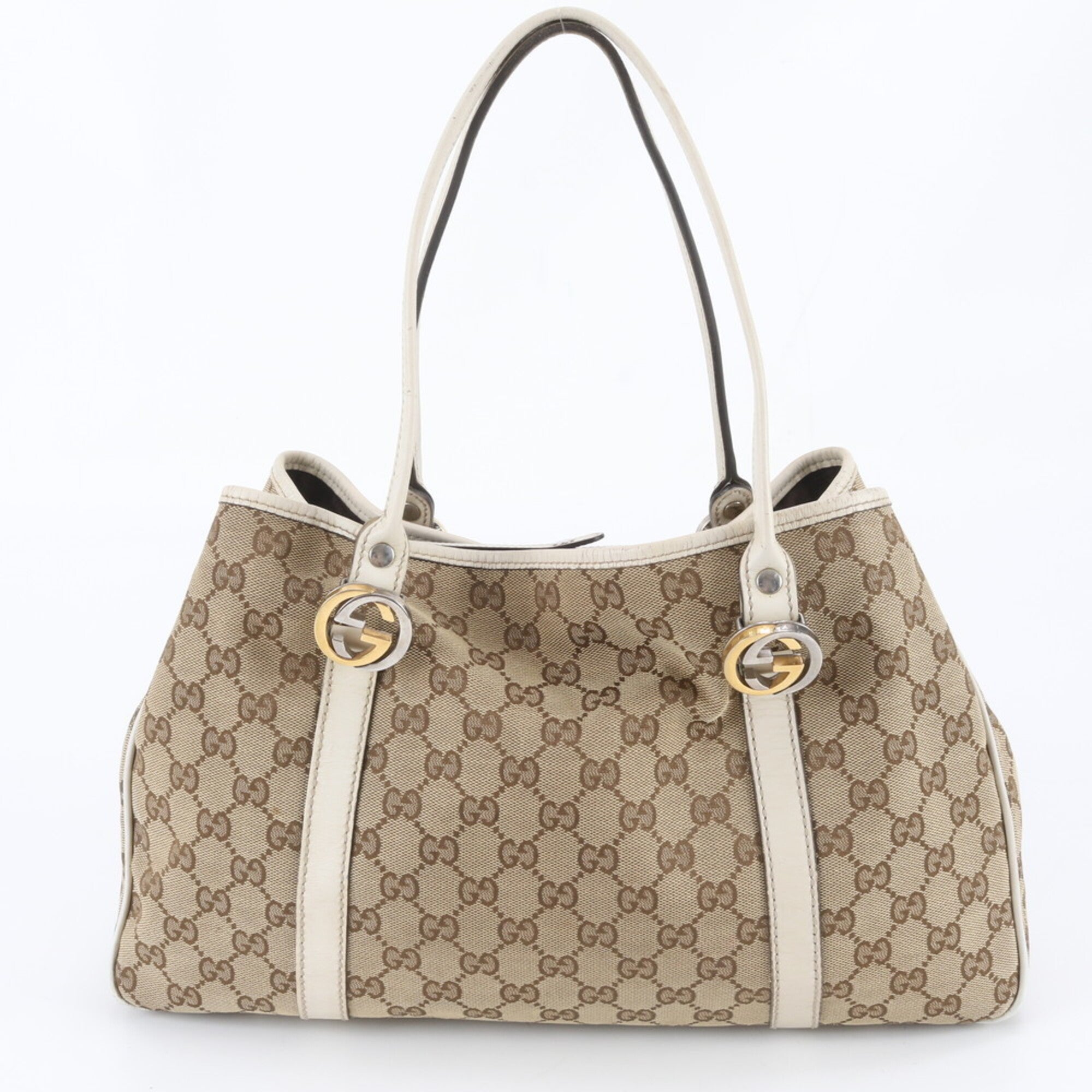 Gucci Beige Ivory Leather Canvas Handbag Tote Bag (Pre-Owned)