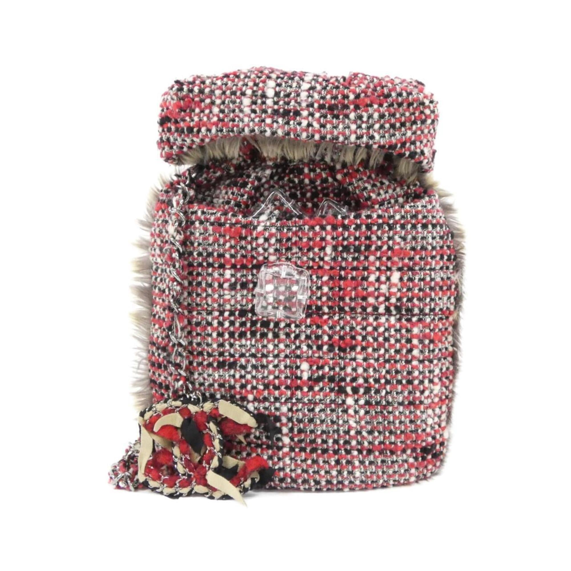 Chanel Red Color White Tweed Fur Shoulder Bag (Pre-Owned)