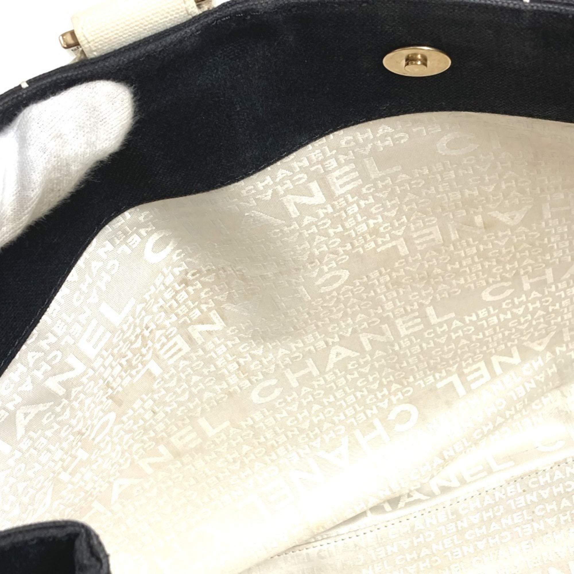 Chanel Black White Canvas Handbag Shoulder Bag Tote Bag (Pre-Owned)
