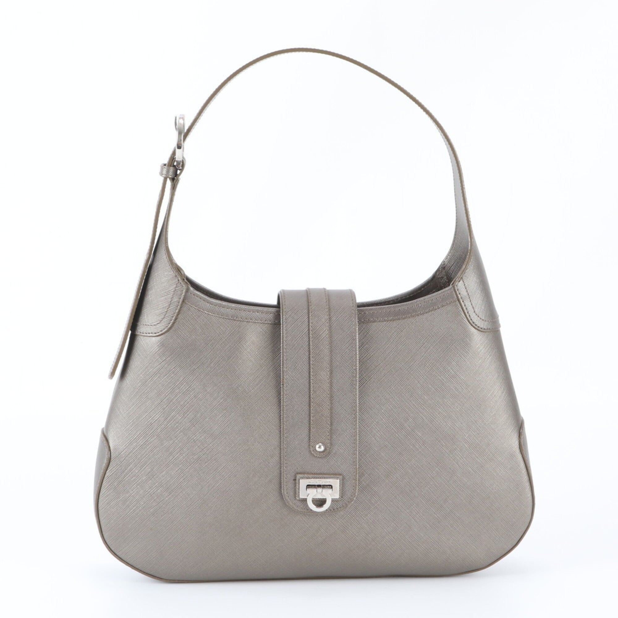 Salvatore Ferragamo Gancini Beige Gray Leather Handbag Shoulder Bag (Pre-Owned)