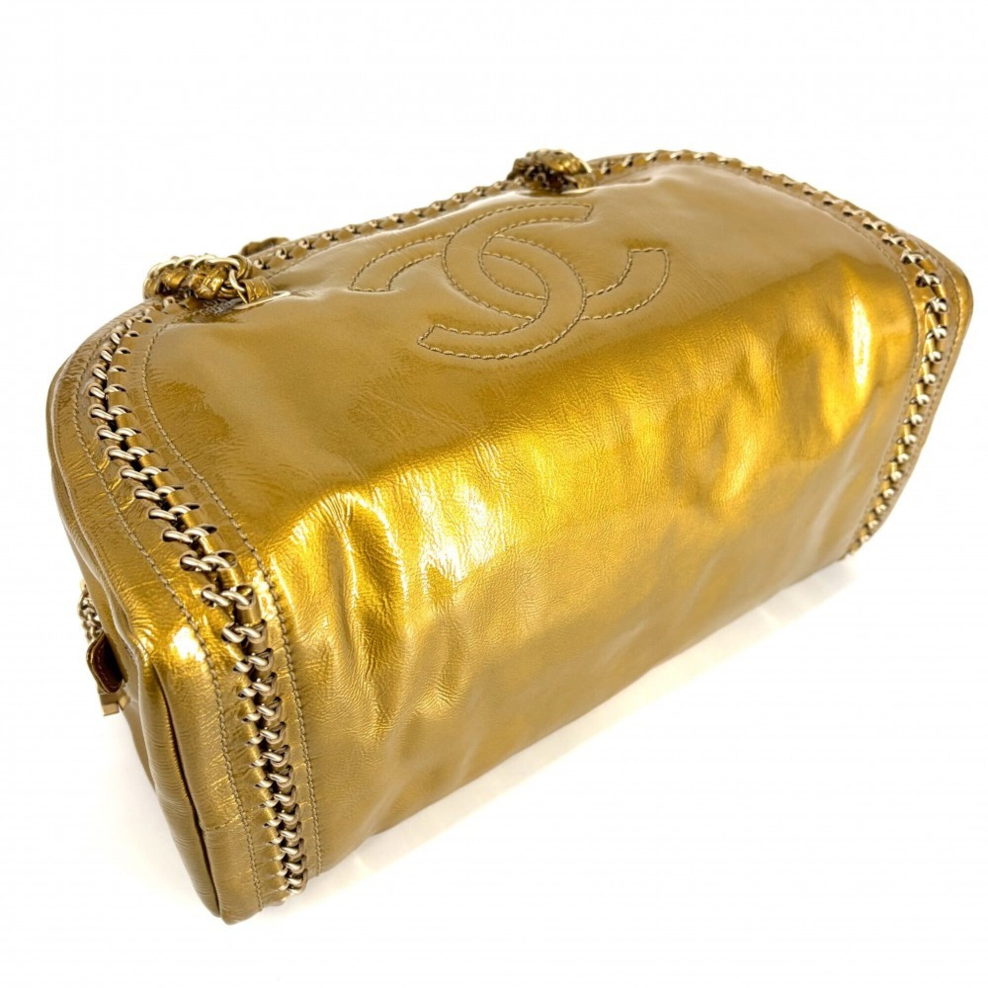 Chanel Gold Leather Boston Bag Handbag (Pre-Owned)