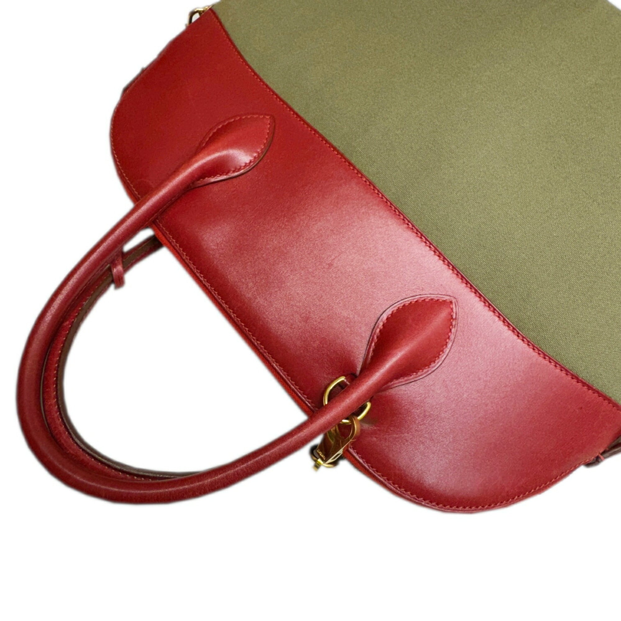 Hermes Khaki Rouge Garance Toile Officier Box Calf Leather Handbag Shoulder Bag (Pre-Owned)