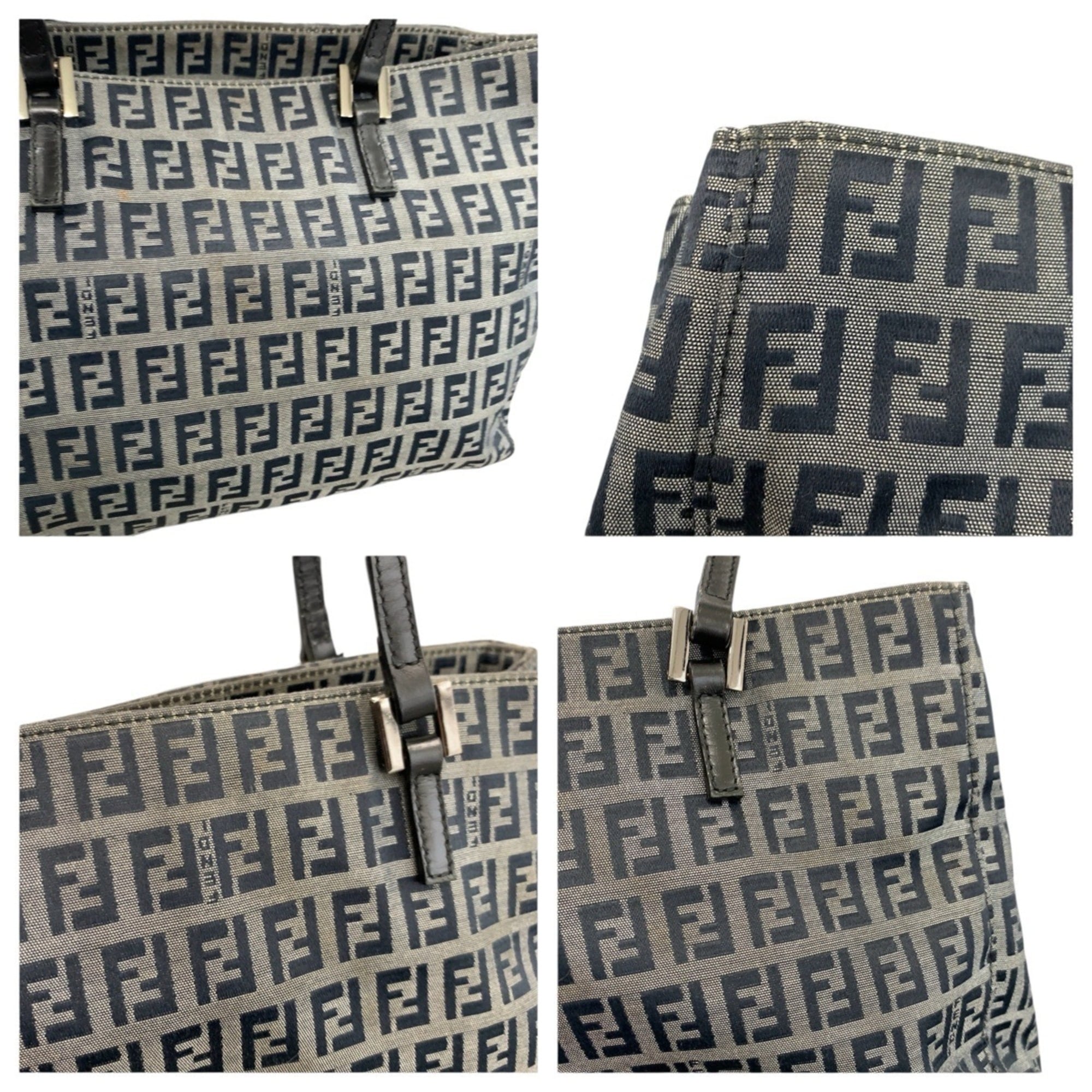 Fendi Black Gray Canvas Leather Shoulder Bag Tote Bag (Pre-Owned)