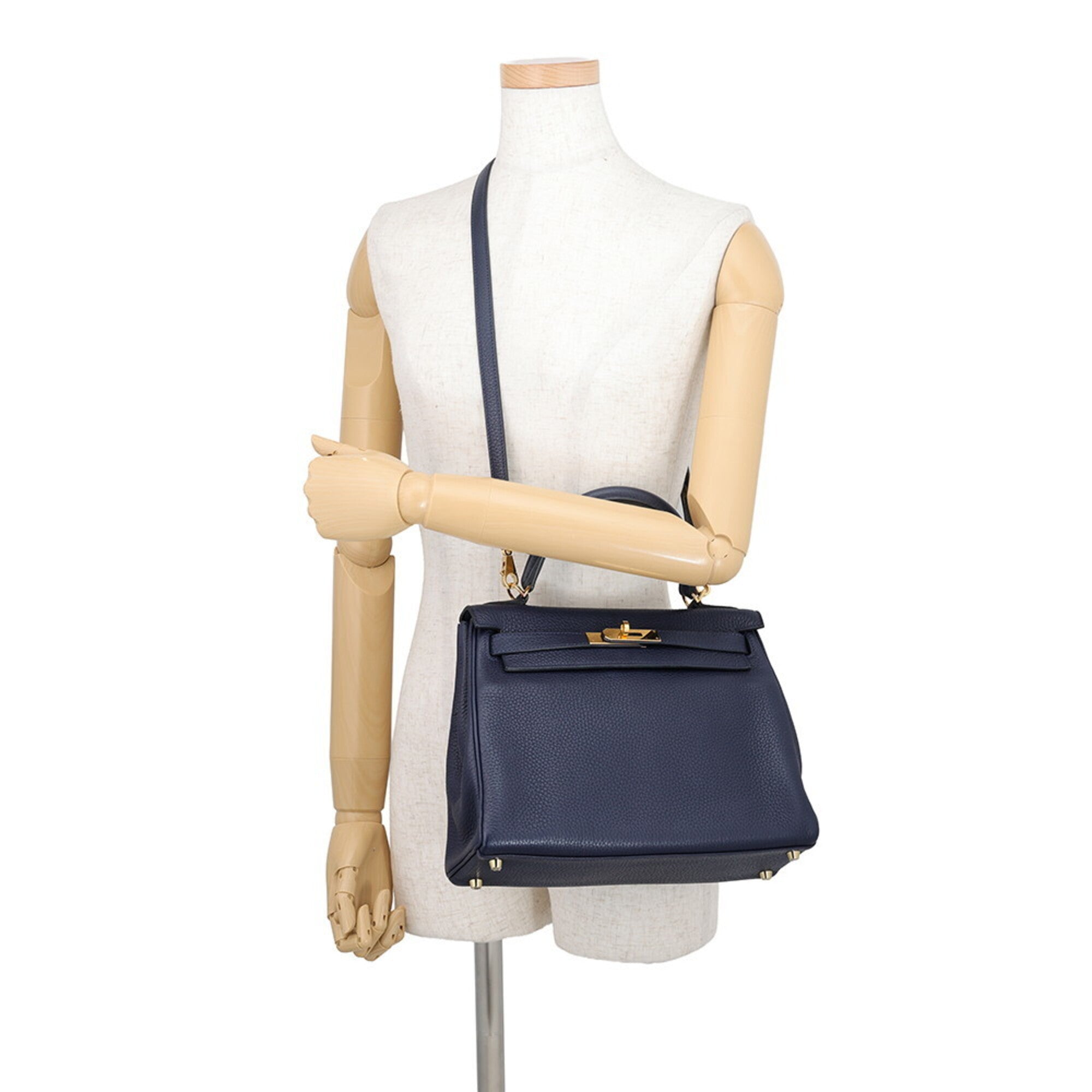 Hermes Kelly Blue Nuit Taurillon Clemence Leather Handbag (Pre-Owned)