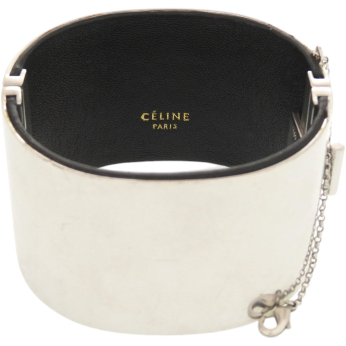Celine Silver Black Leather Metal Bangle (Pre-Owned)