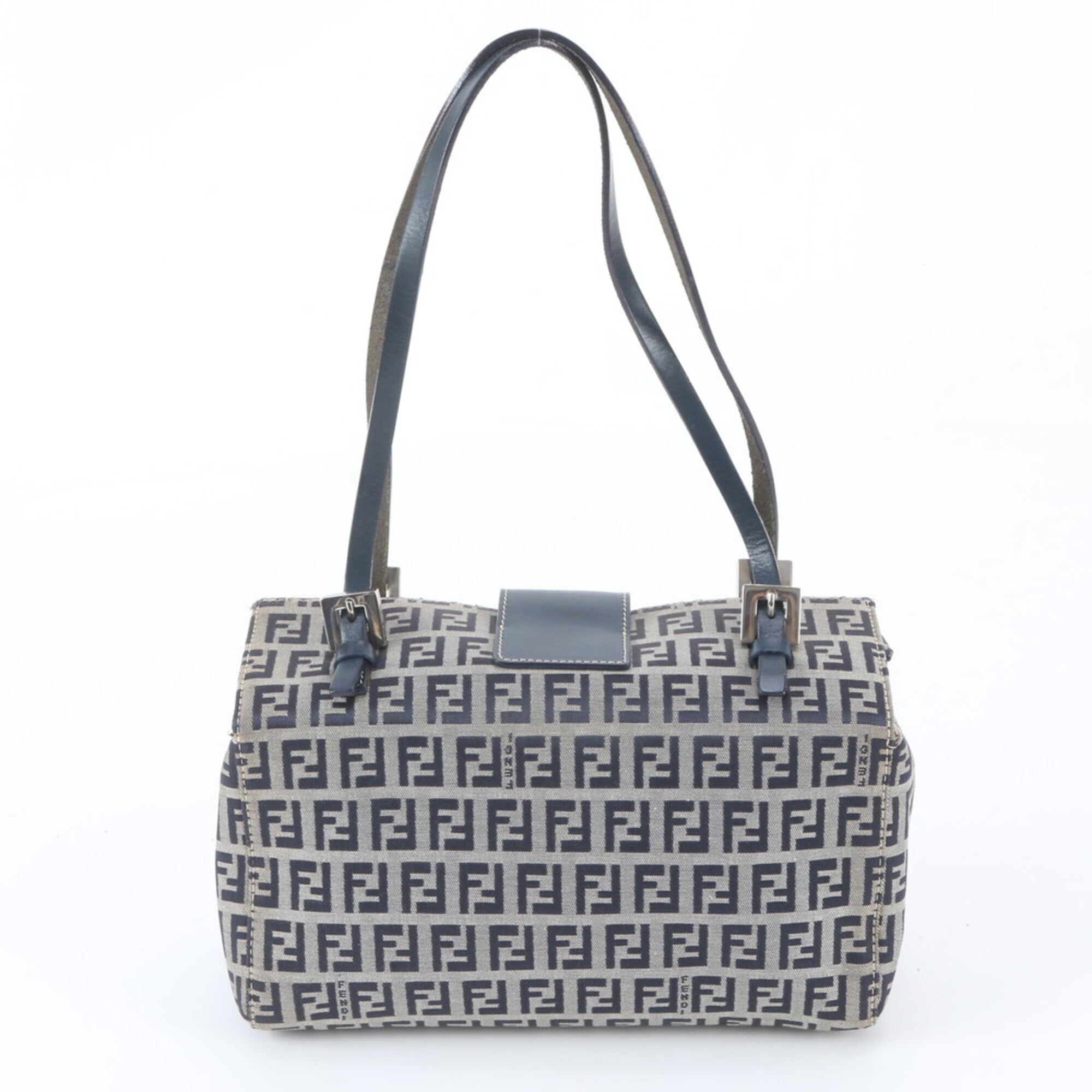 Fendi Gray Navy Leather Canvas Shoulder Bag Tote Bag (Pre-Owned)